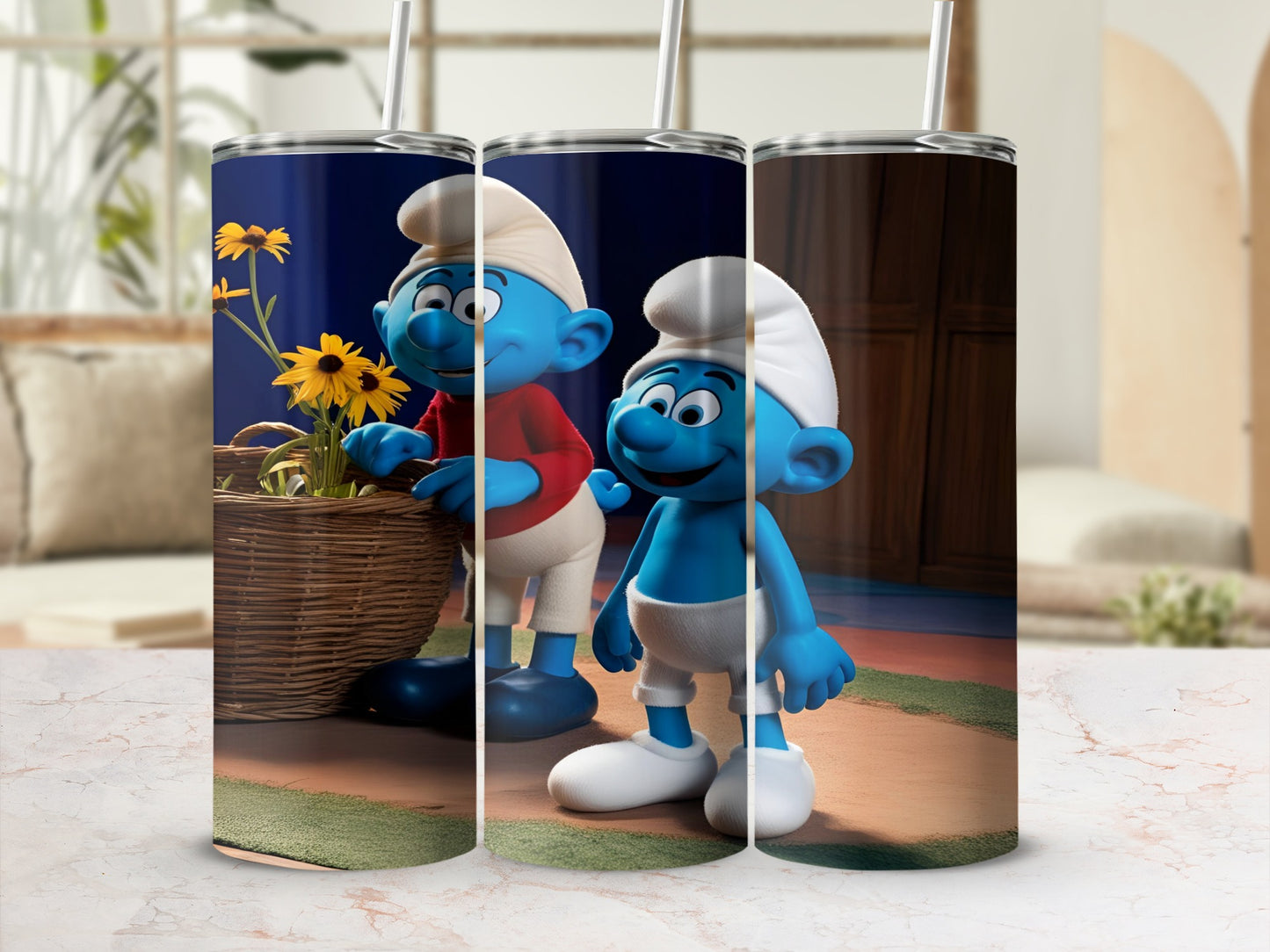 Three Smurf characters standing in front of a basket of flowers.