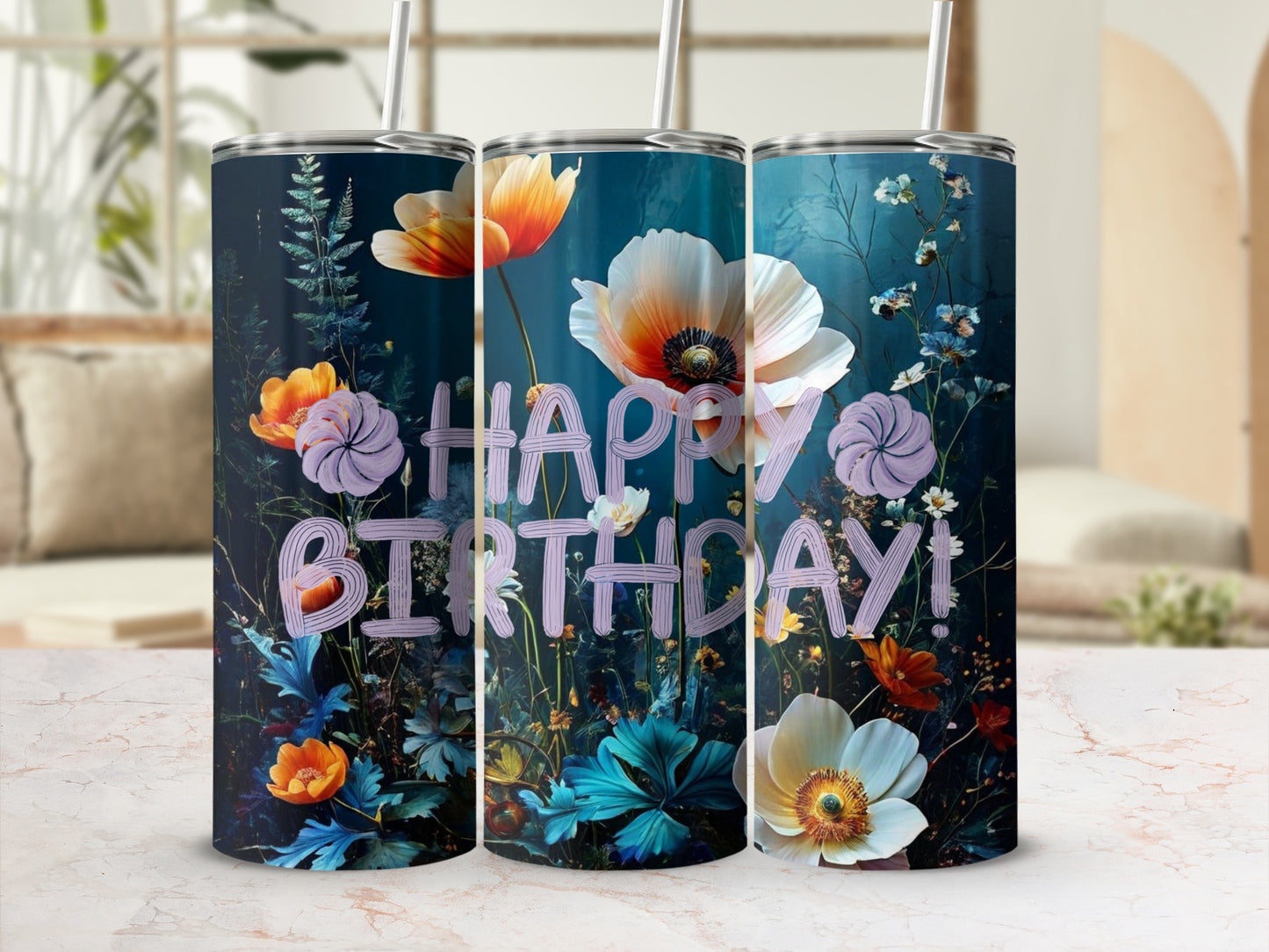 Floral birthday tumbler with "Happy Birthday!" text.