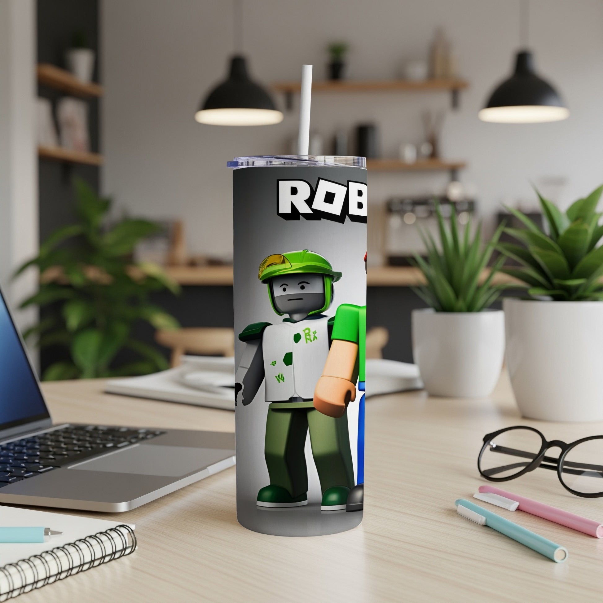 Roblox characters on a tumbler with a white straw.