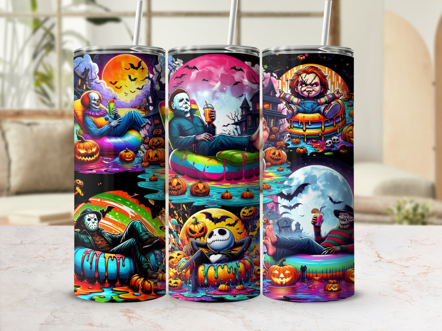 Halloween movie villains relaxing in colorful, spooky scenes on tumblers.