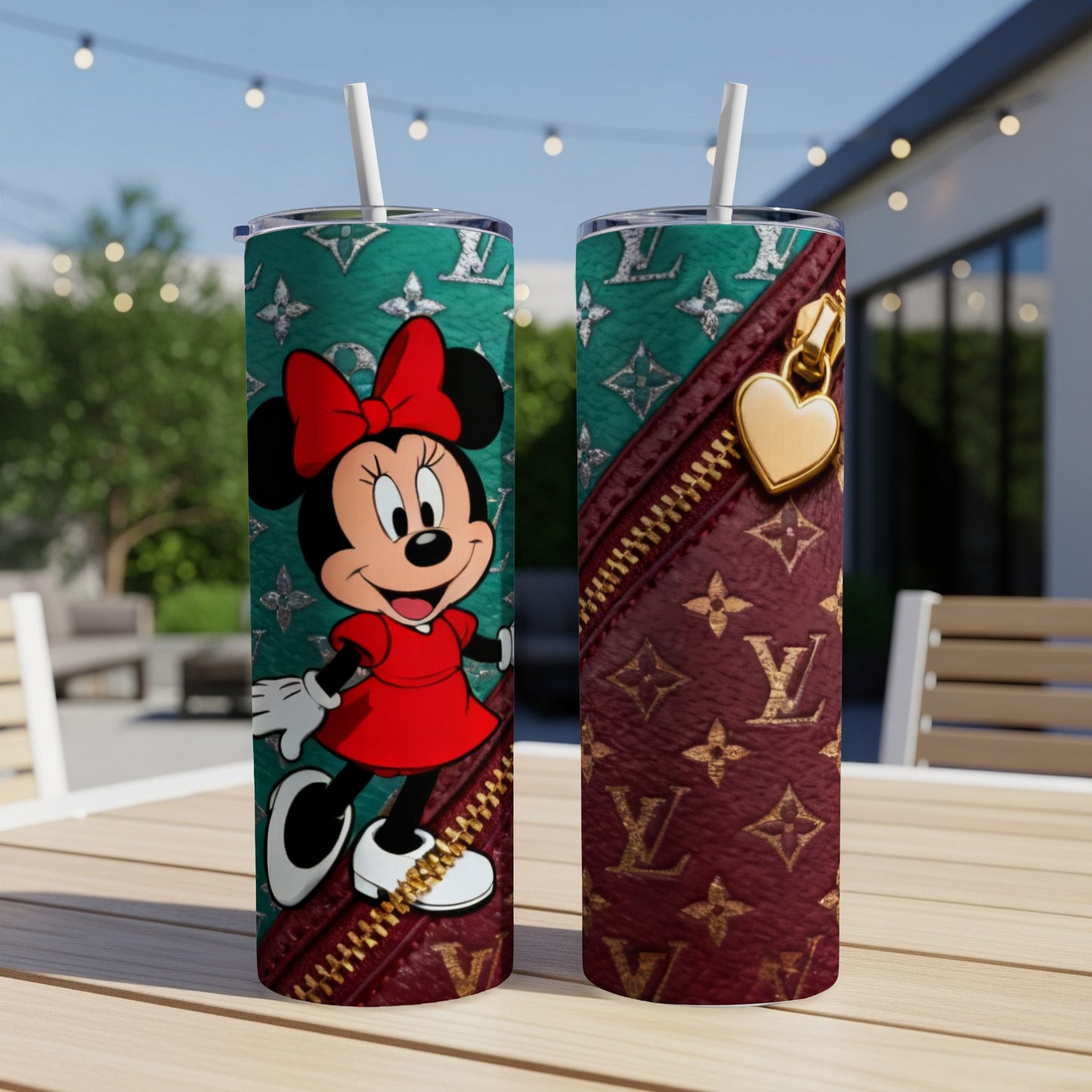 Minnie Mouse on a red dress tumbler with faux leather and gold zipper design.