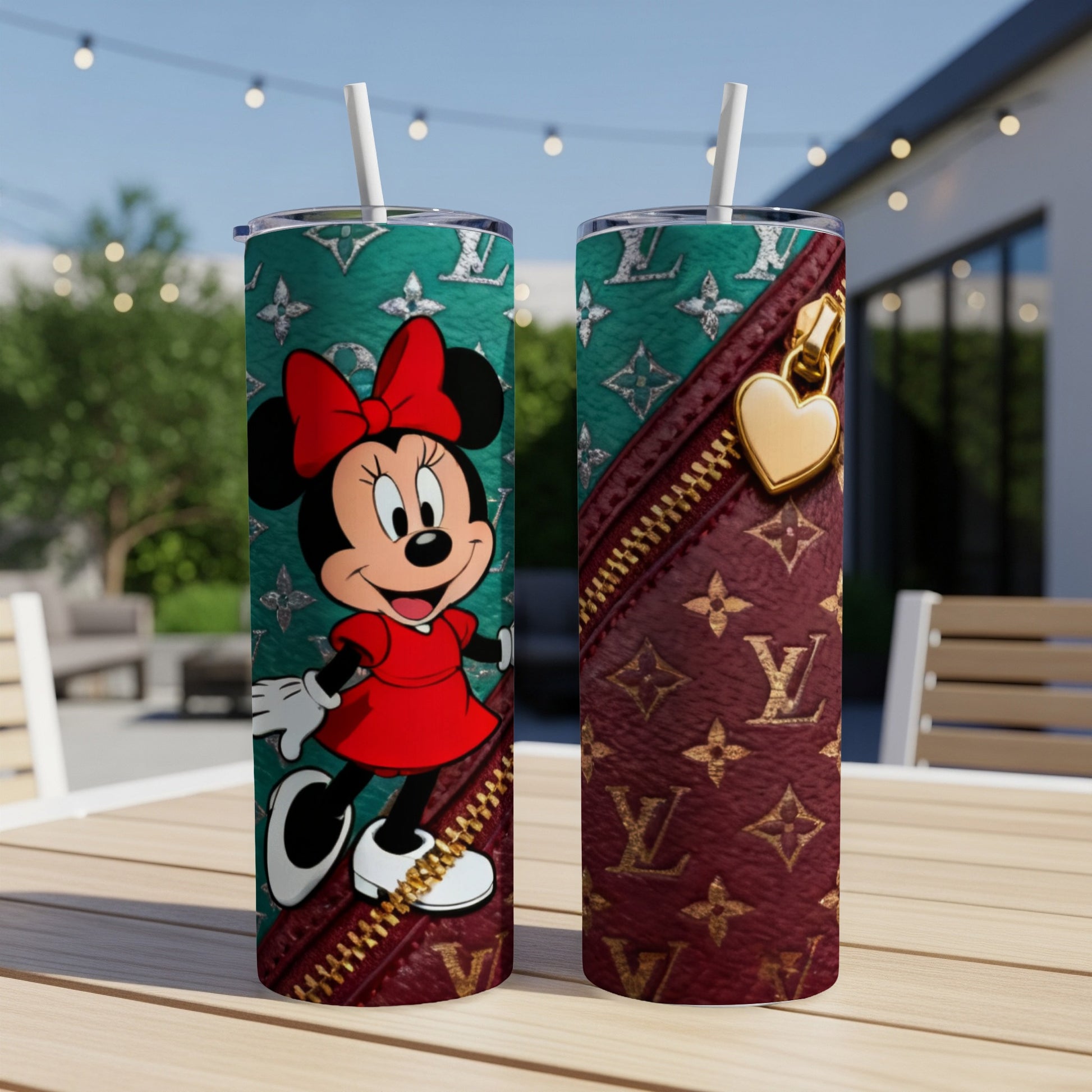 Minnie Mouse on a red dress tumbler with faux leather and gold zipper design.