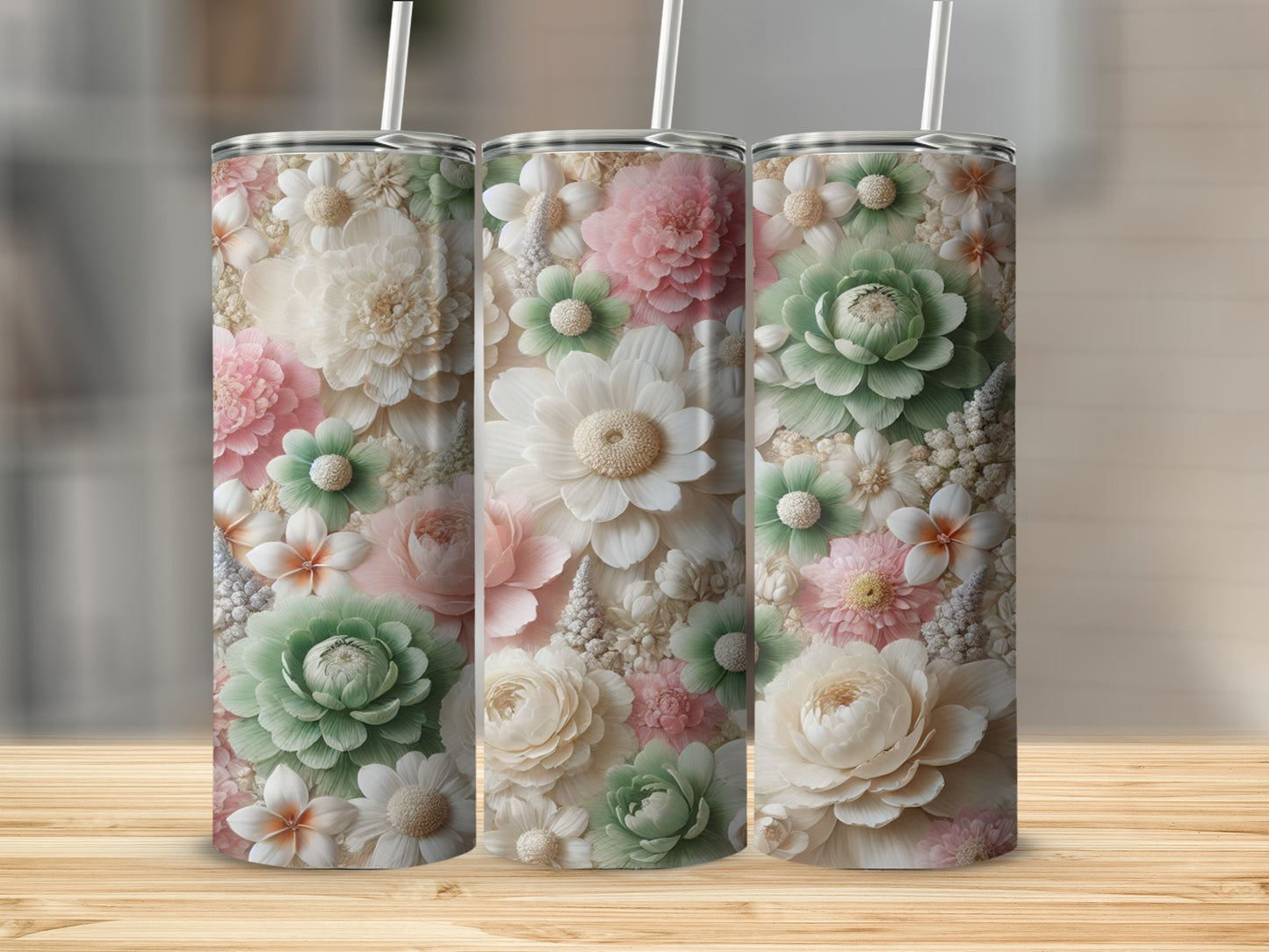 Elegant Floral Pattern Insulated Tumbler with Straw