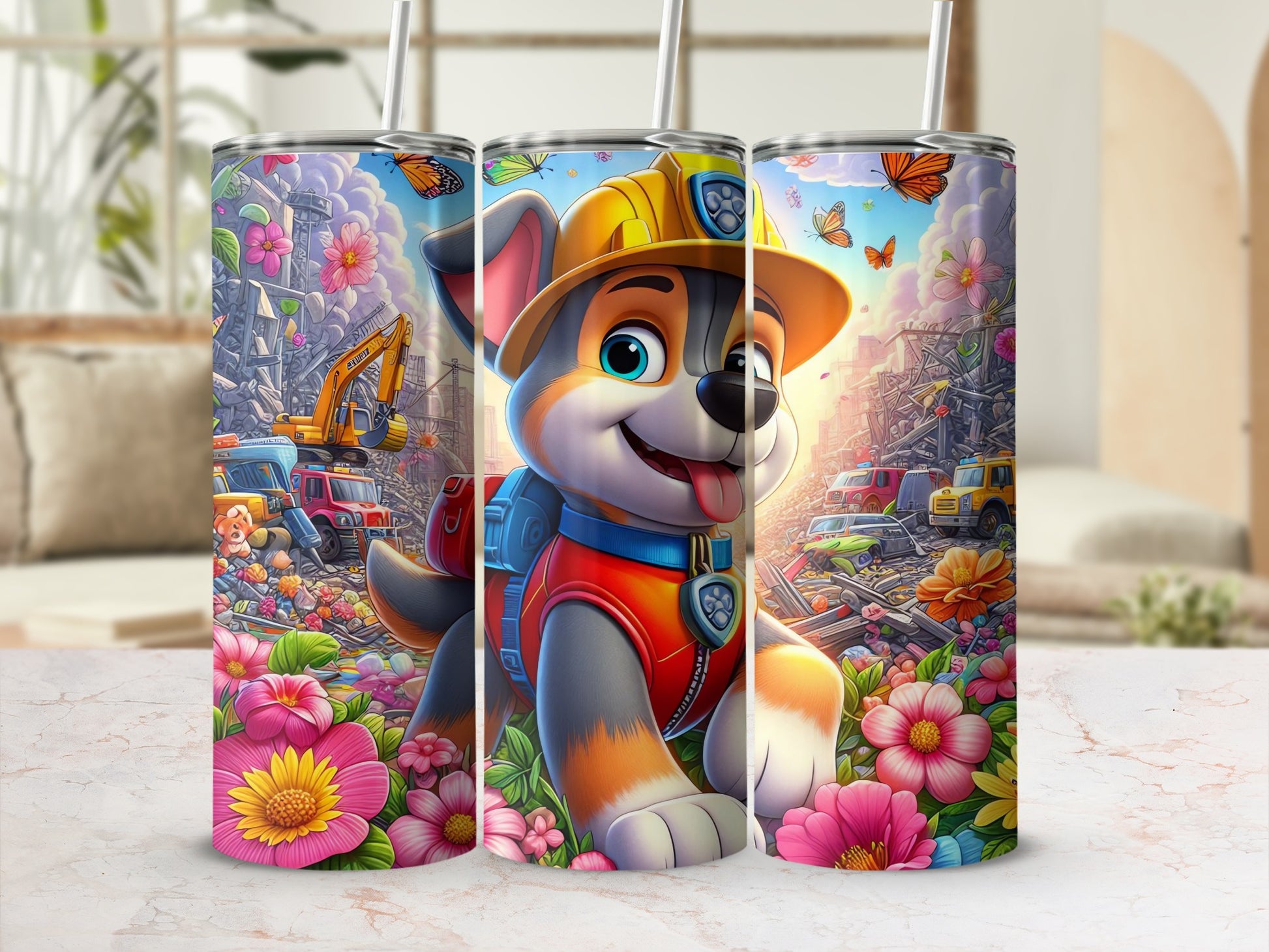 Cute Cartoon Construction Dog and Flowers Tumbler