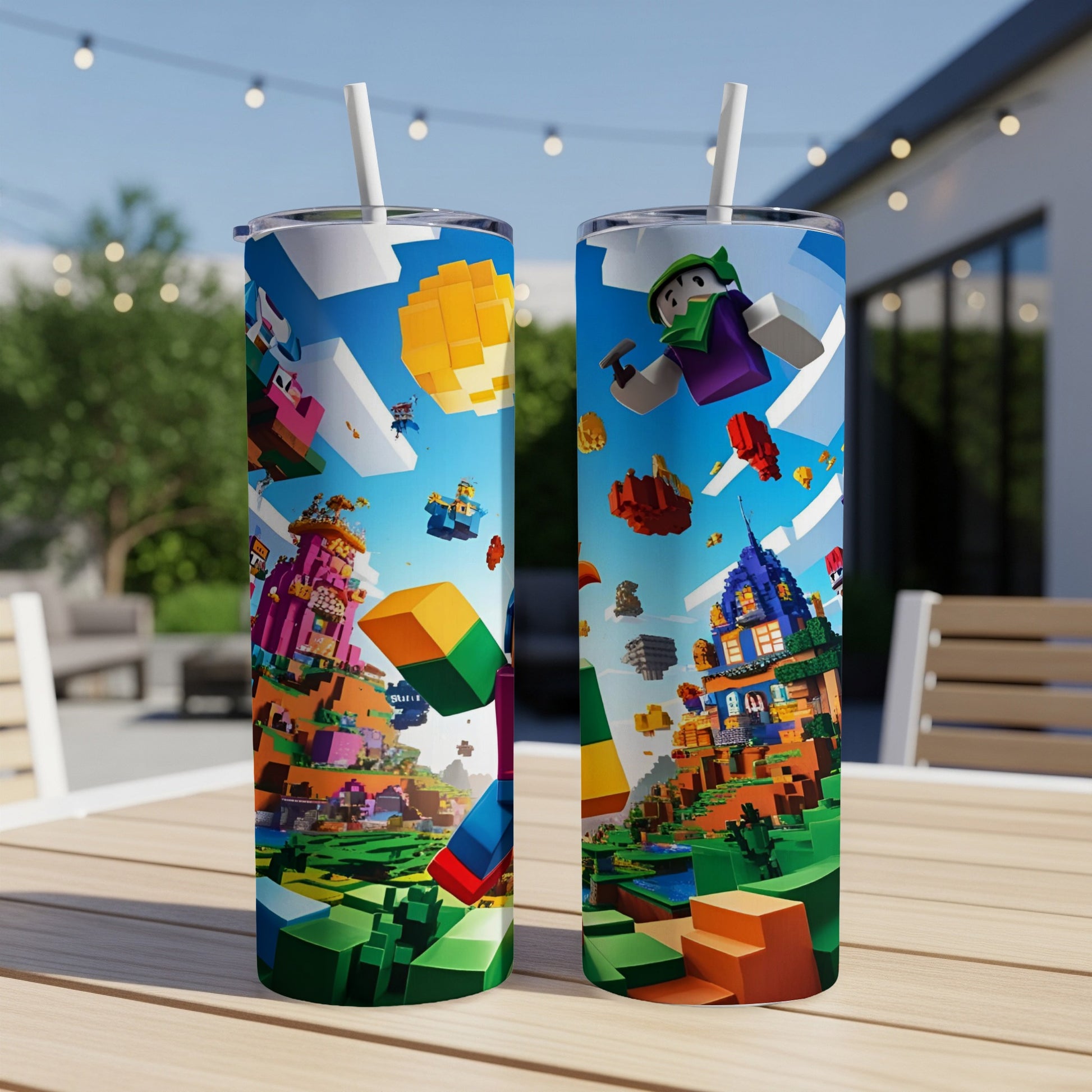 Two pixelated tumblers with colorful block-style building game scenery.