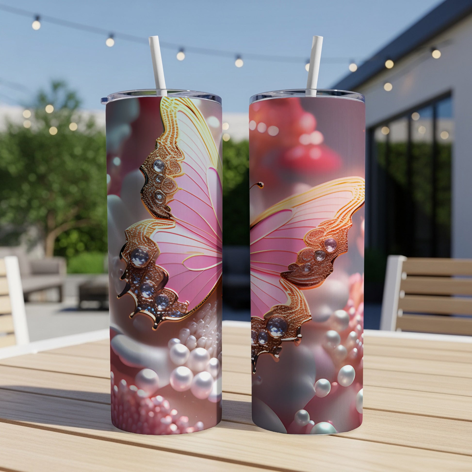 Pink butterfly with jeweled wings on a pearl and floral background.