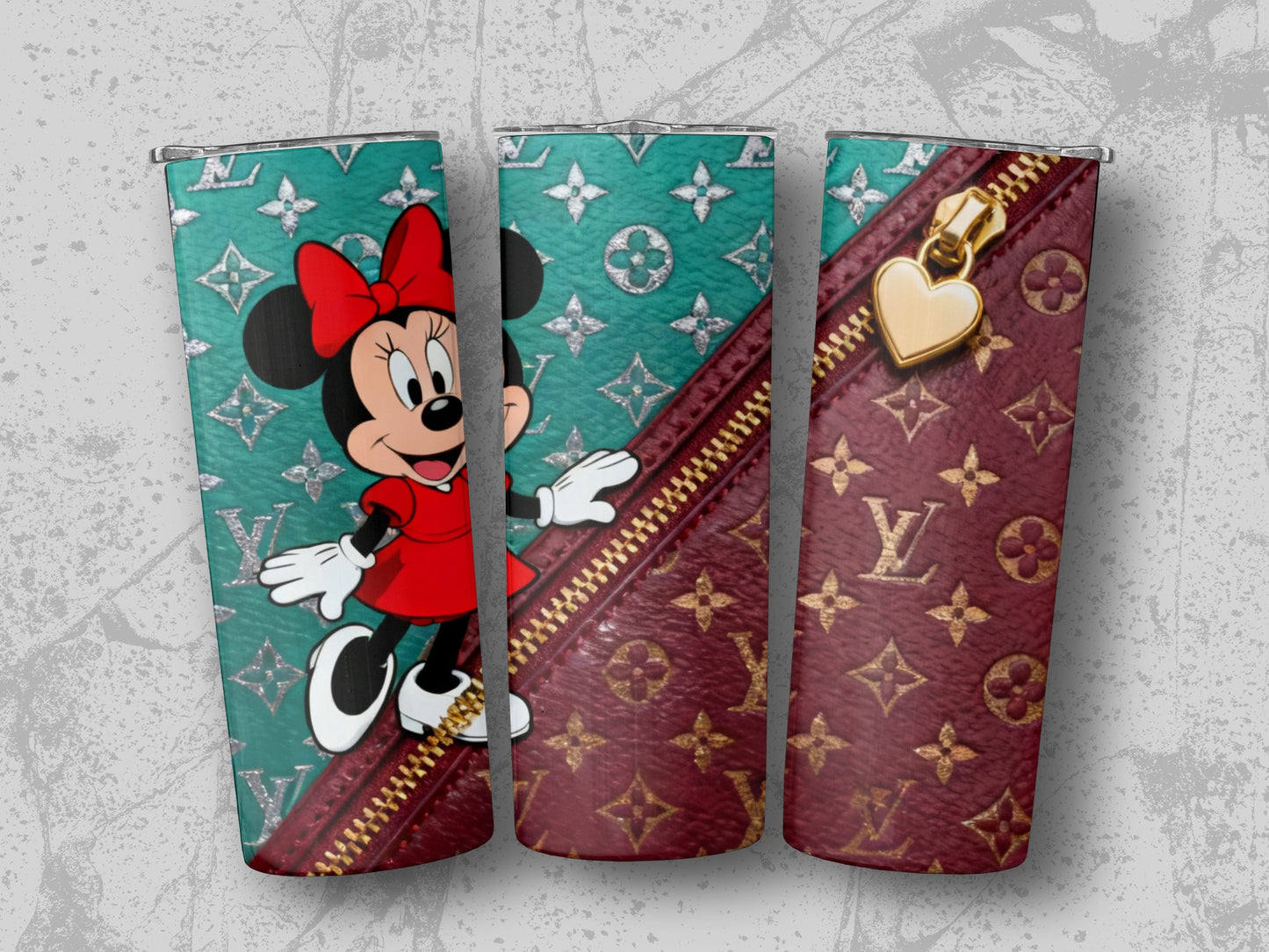Minnie Mouse on teal background next to a gold zipper and LV pattern.