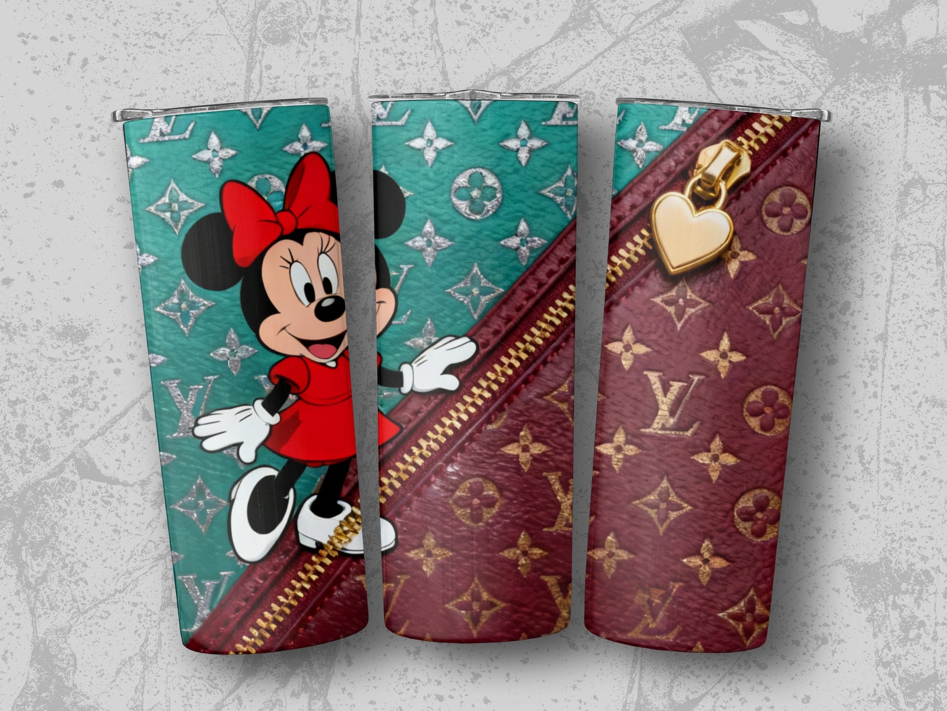 Minnie Mouse on teal background next to a gold zipper and LV pattern.
