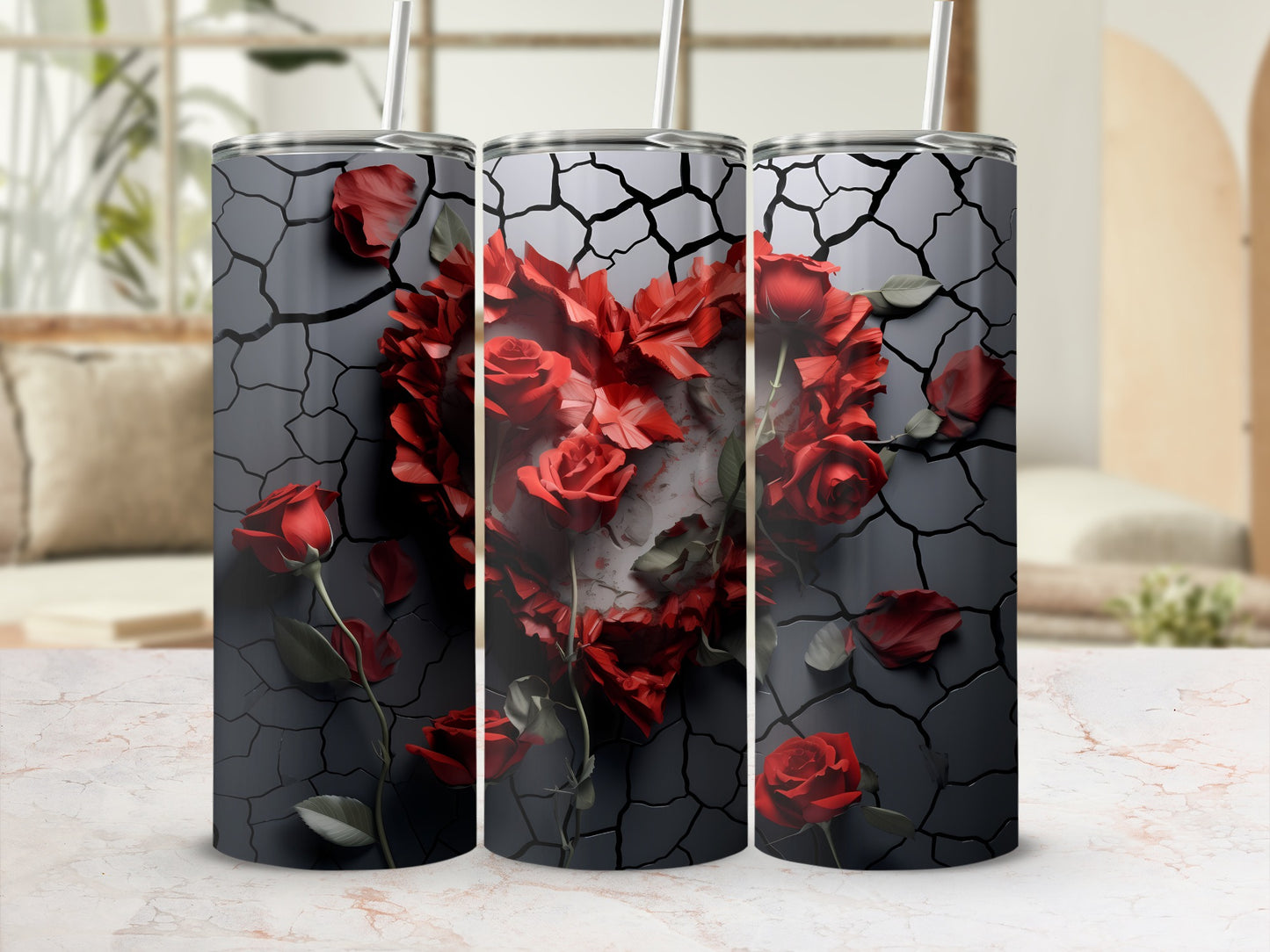 Cracked Pattern with Red Roses Tumbler Cup