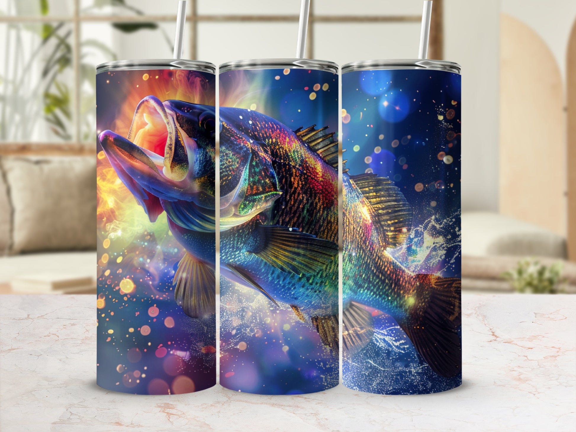 Colorful bass leaping from water with bokeh background.