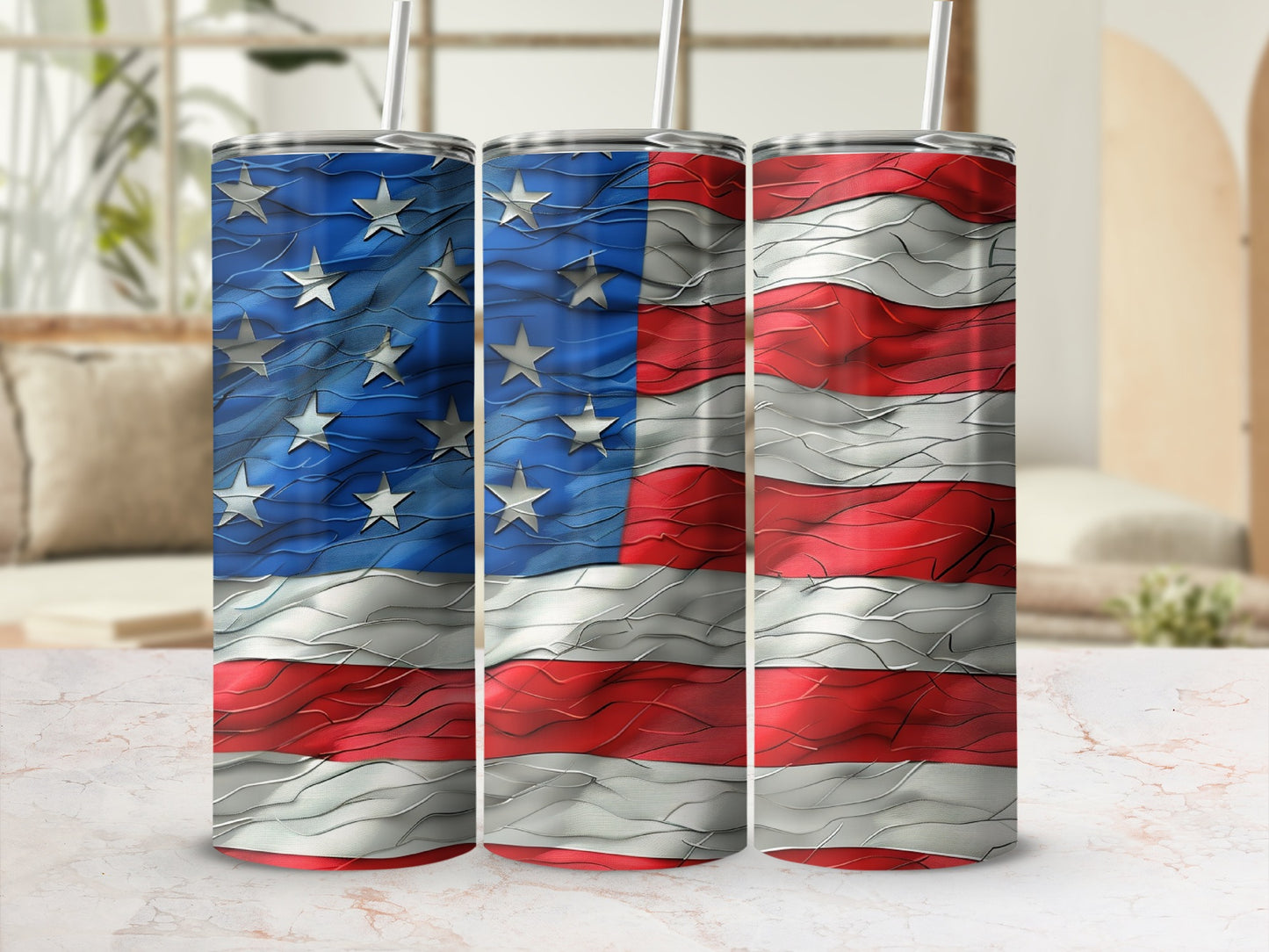 Three tumblers displaying the American flag in a textured, stylized design.