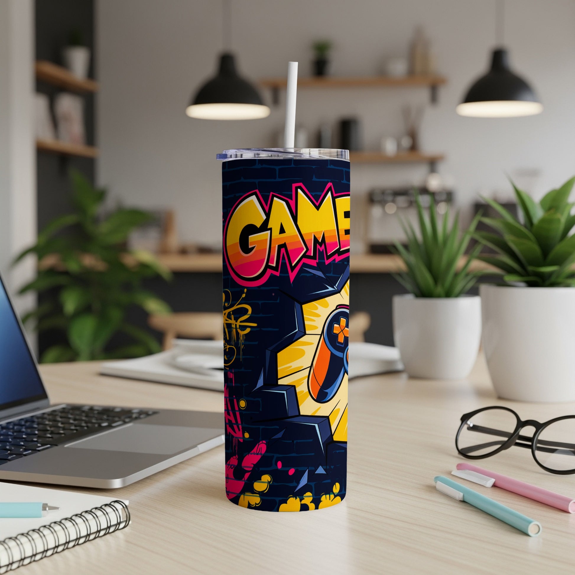 Graffiti-style tumbler with "GAME" text and a controller gear design.