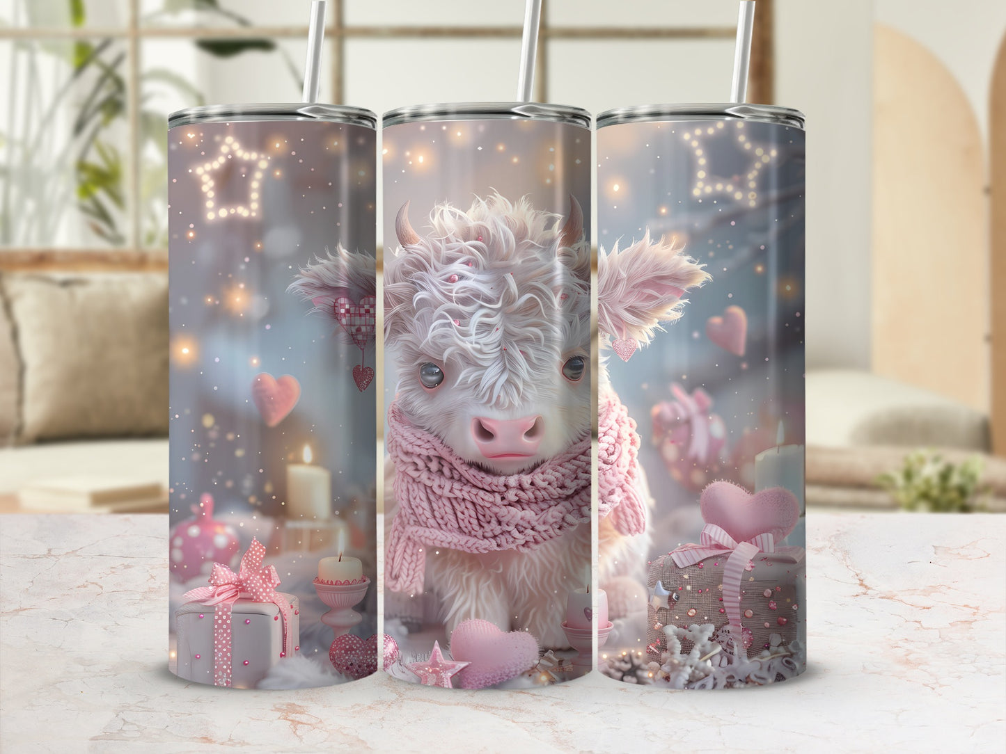 Pink scarf-wearing Highland cow surrounded by holiday gifts and candles.