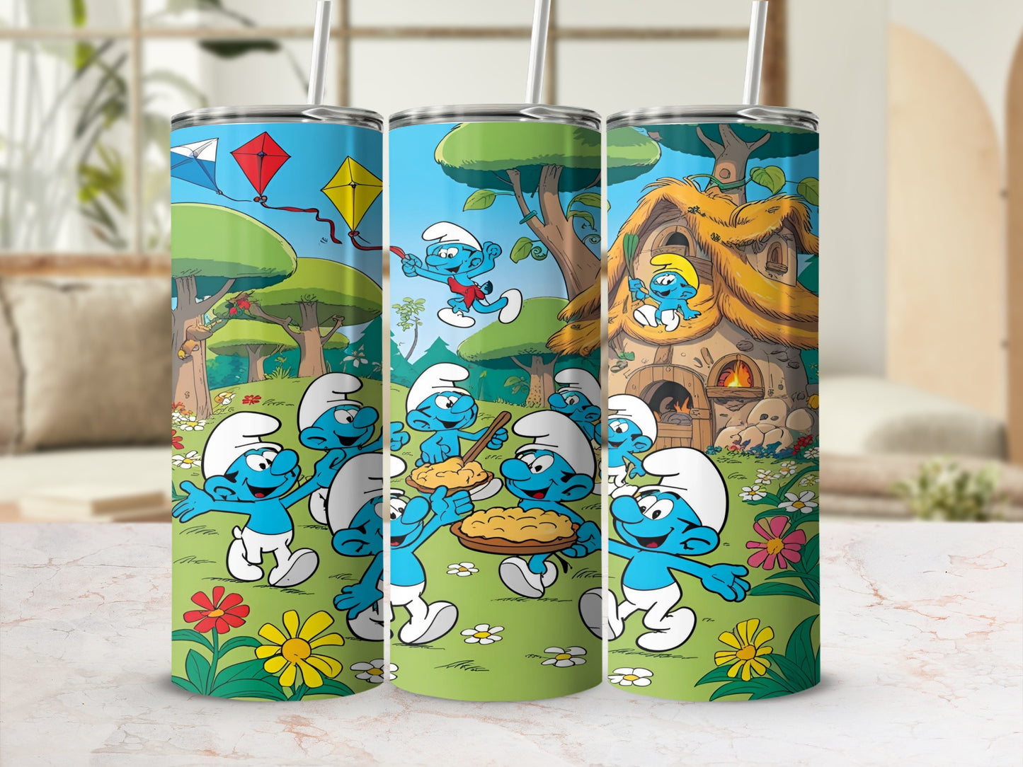 Smurfs in a meadow with mushroom houses, kites, and pies.