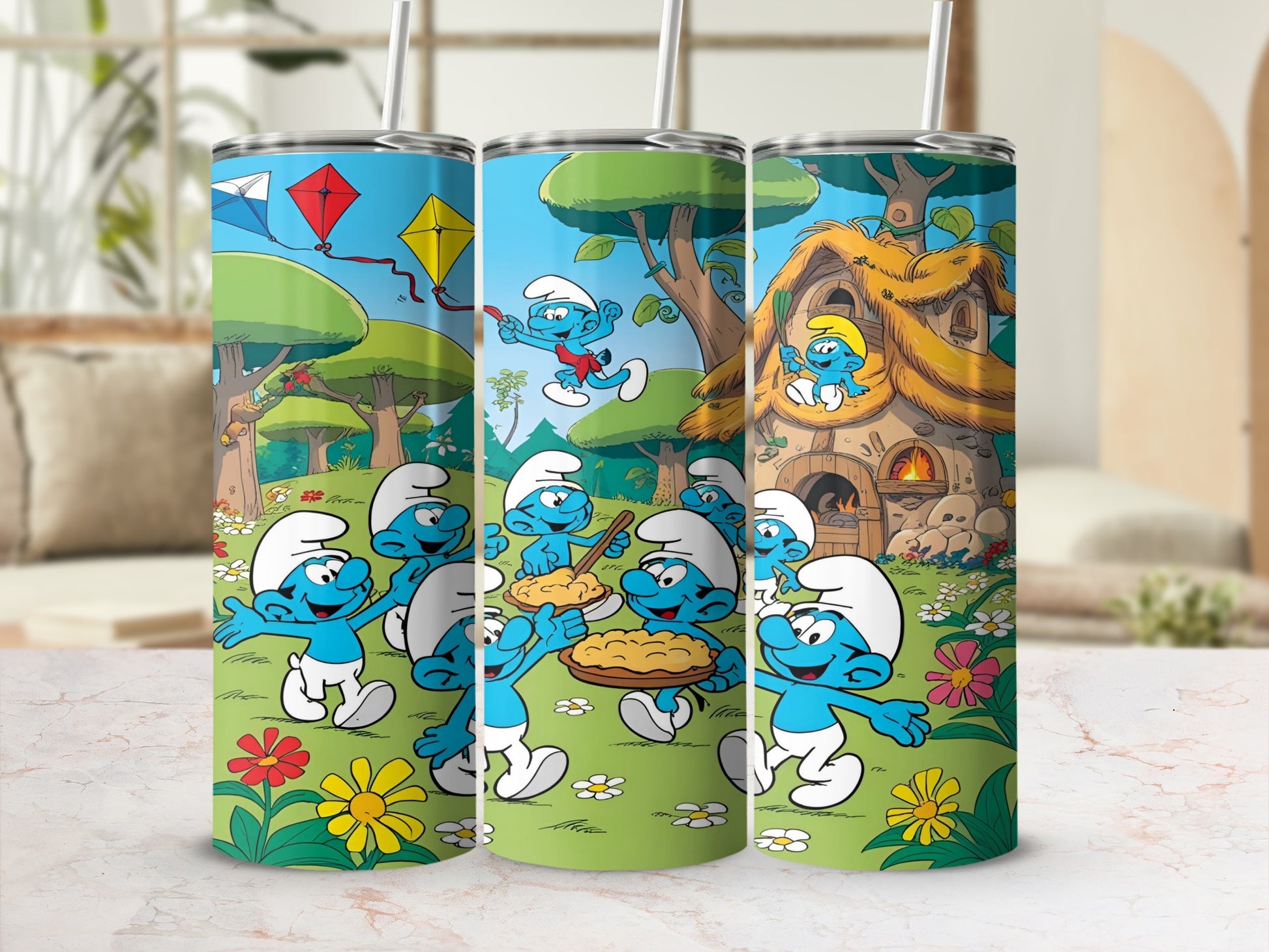 Smurfs in a meadow with mushroom houses, kites, and pies.