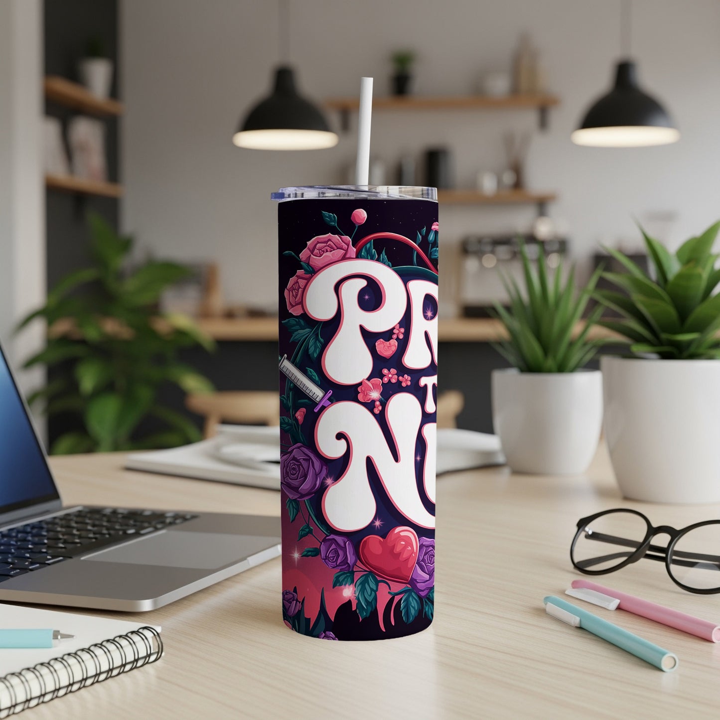 "Prayer & Nurse" tumbler with floral and syringe design, straw included.