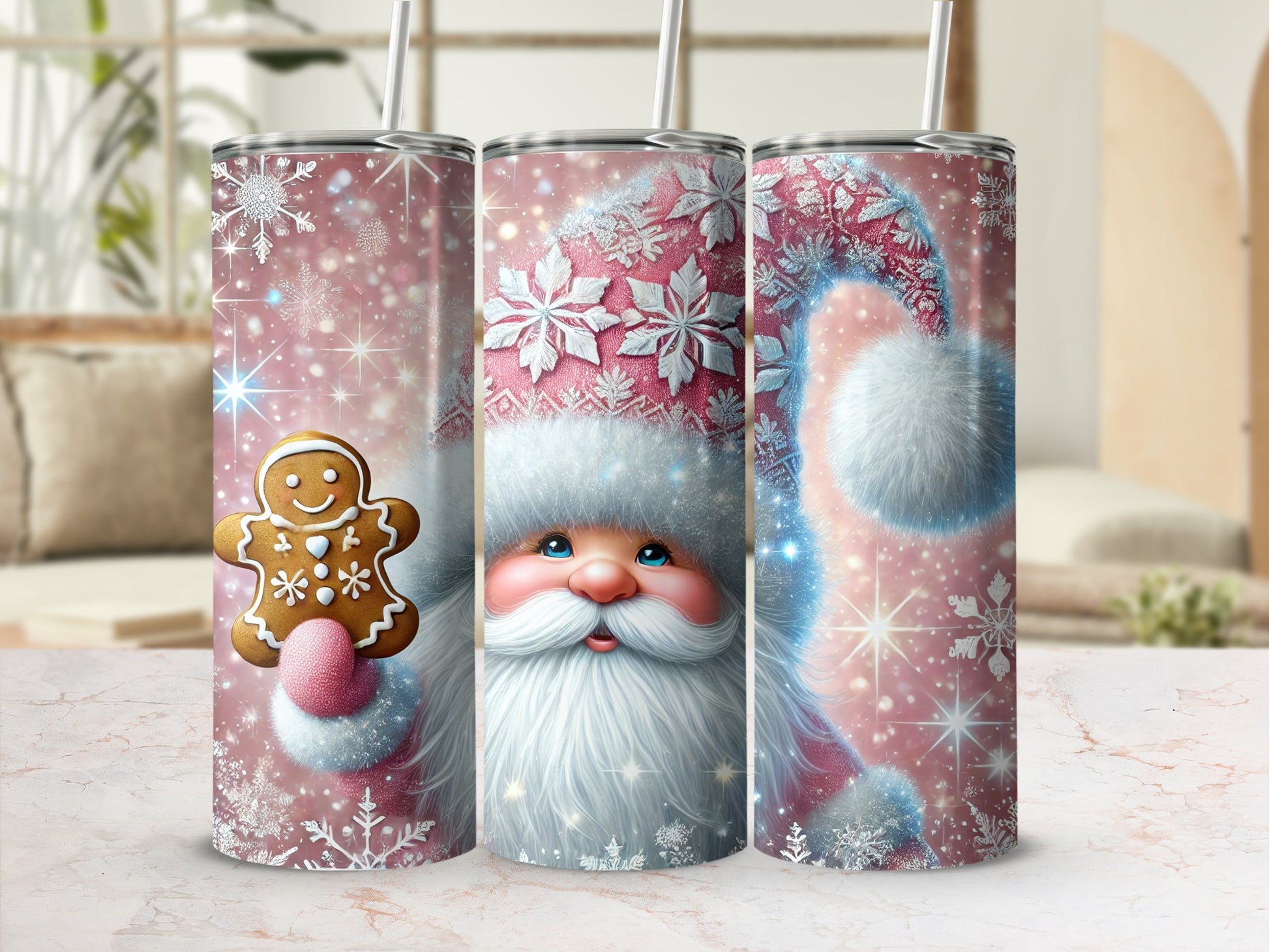 Santa Claus holding a gingerbread cookie with snowflakes and glitter.