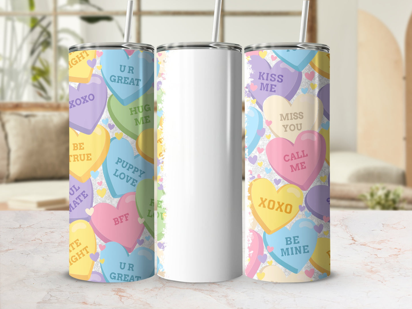 Valentine's Day tumblers with candy heart messages and XOXO.