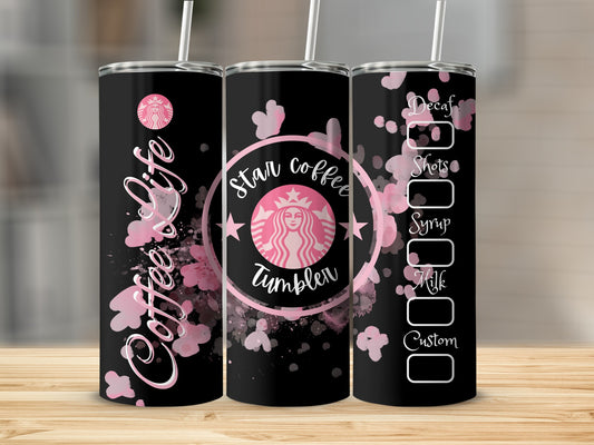 Star Coffee Tumbler with Pink Design and Custom Labels