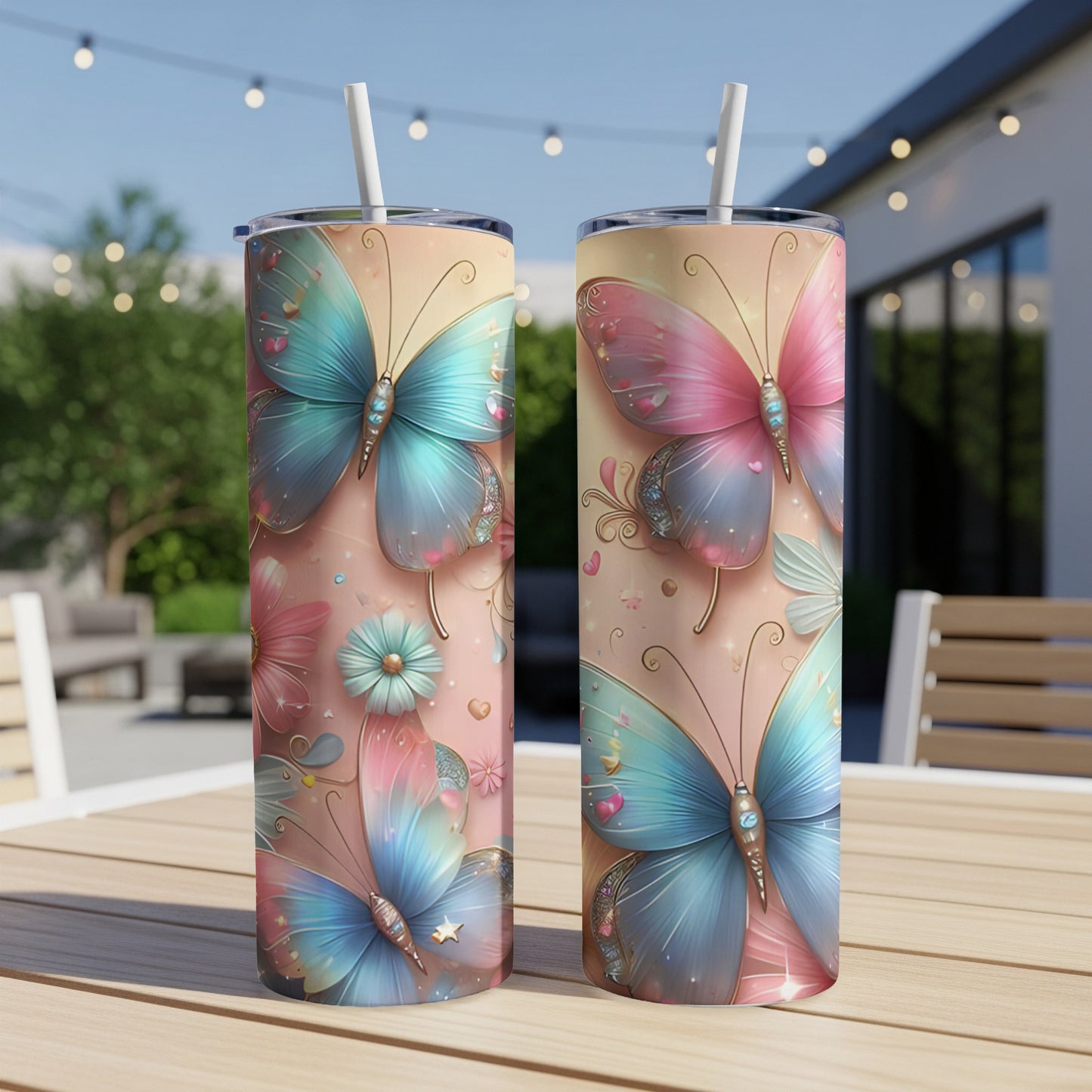 Two tumblers with pastel butterflies and floral designs on a table.