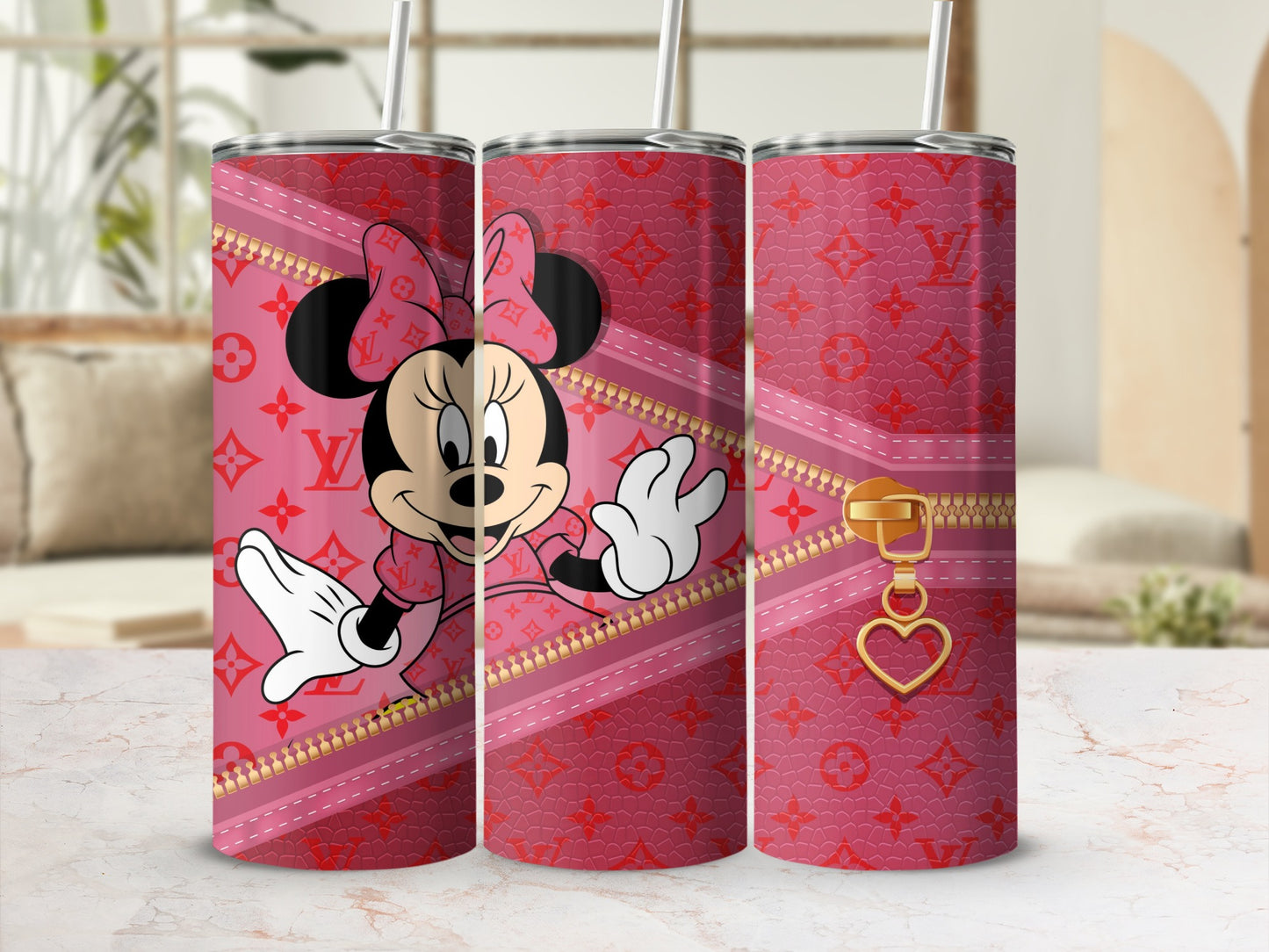 Minnie Mouse on pink zipper design tumbler.