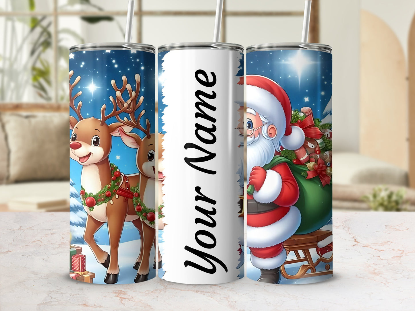 Personalized Festive Santa and Reindeer Drinkware