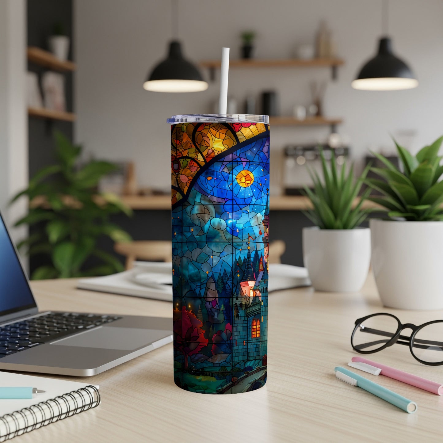 Stained glass tumbler featuring a whimsical castle and starry night sky.