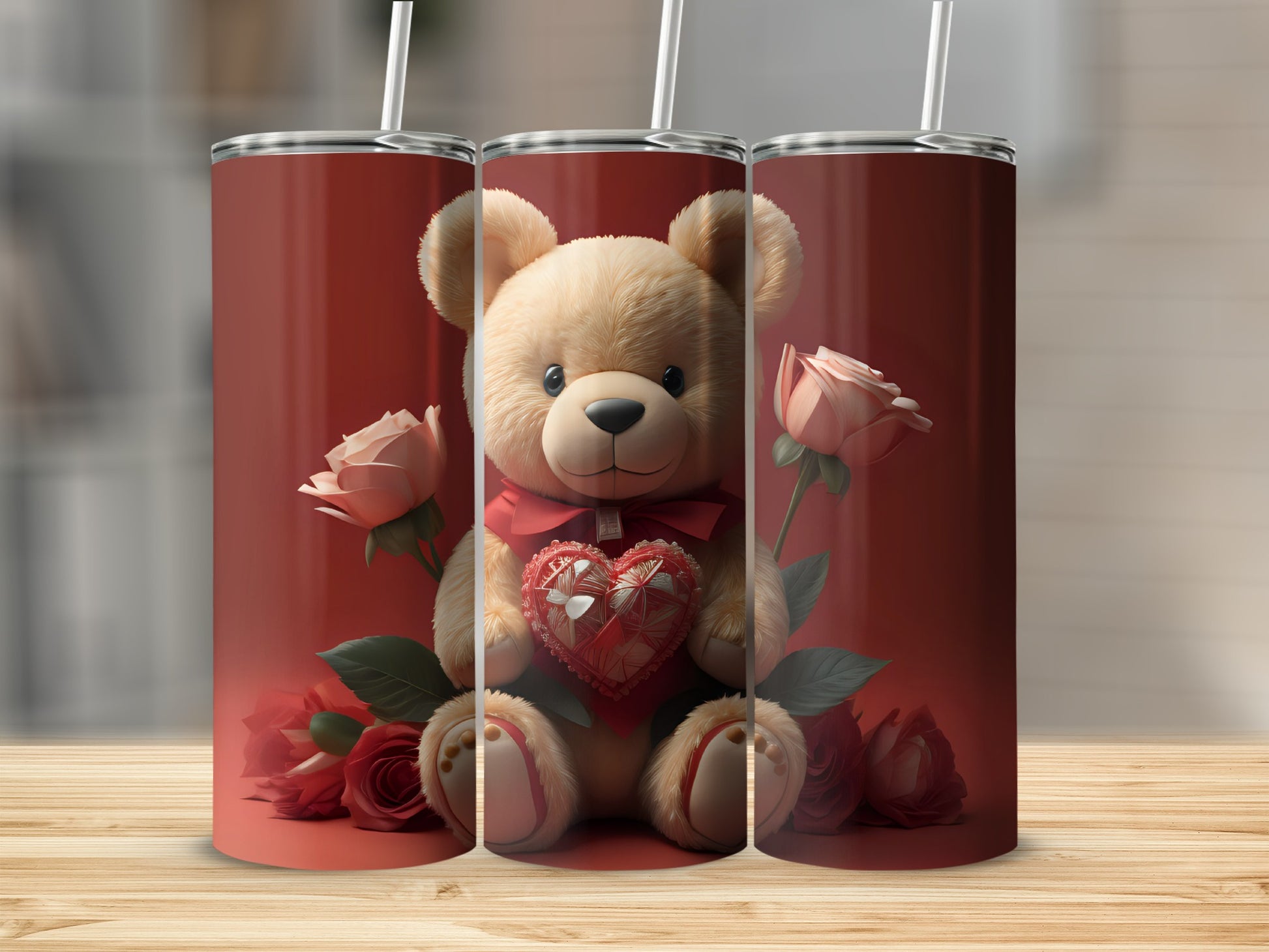 Adorable Teddy Bear with Roses Print Tumbler Cup