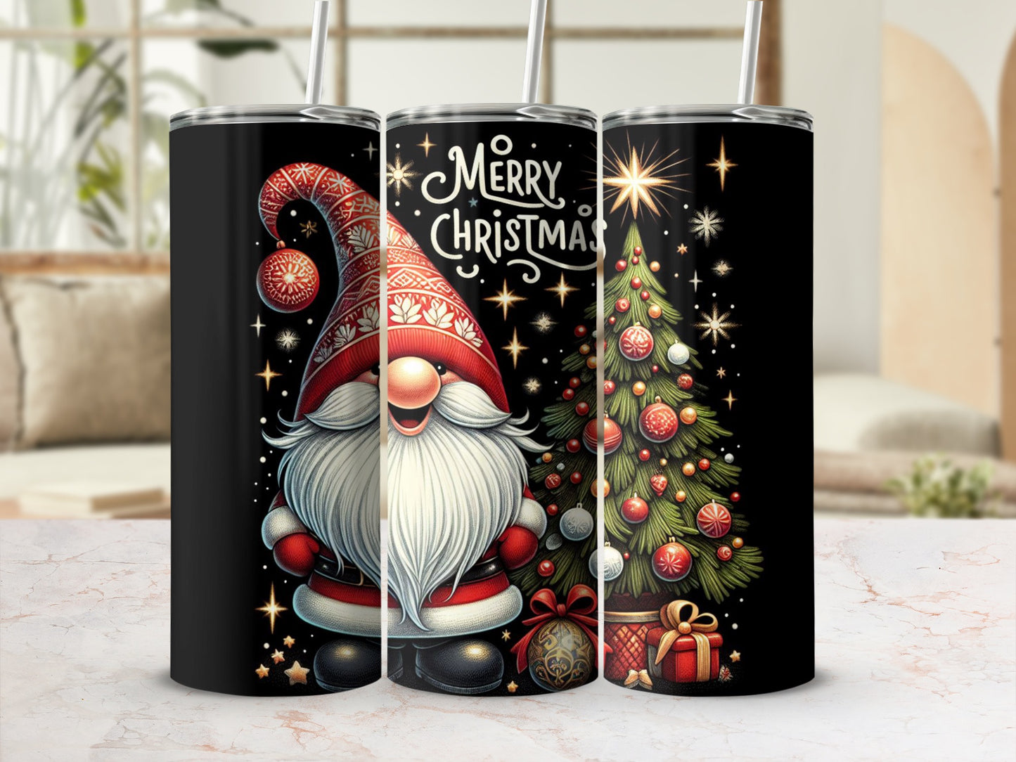 Black tumbler with gnome, Christmas tree, and "Merry Christmas" text.