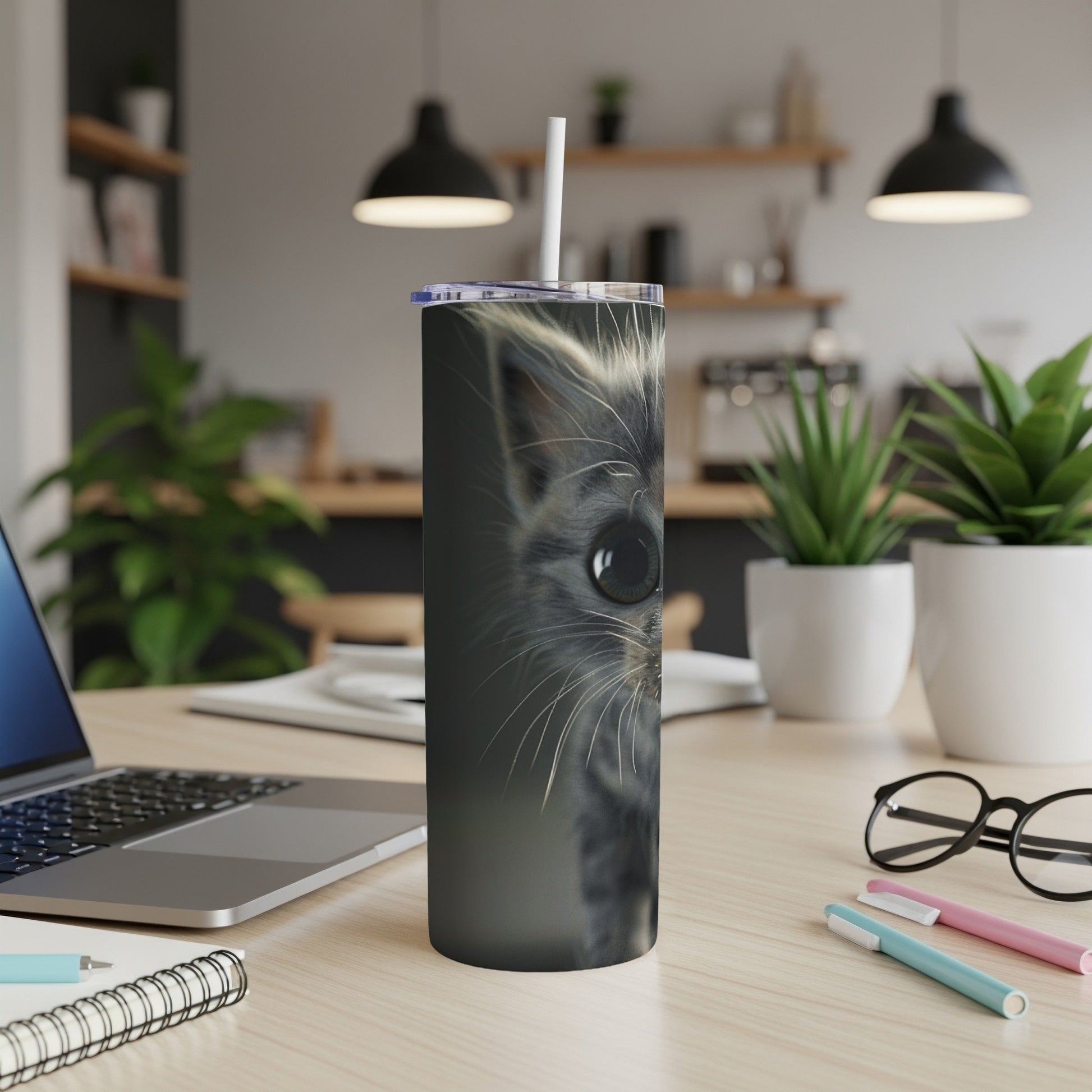 Close-up of a fluffy grey kitten face on a stainless steel tumbler.
