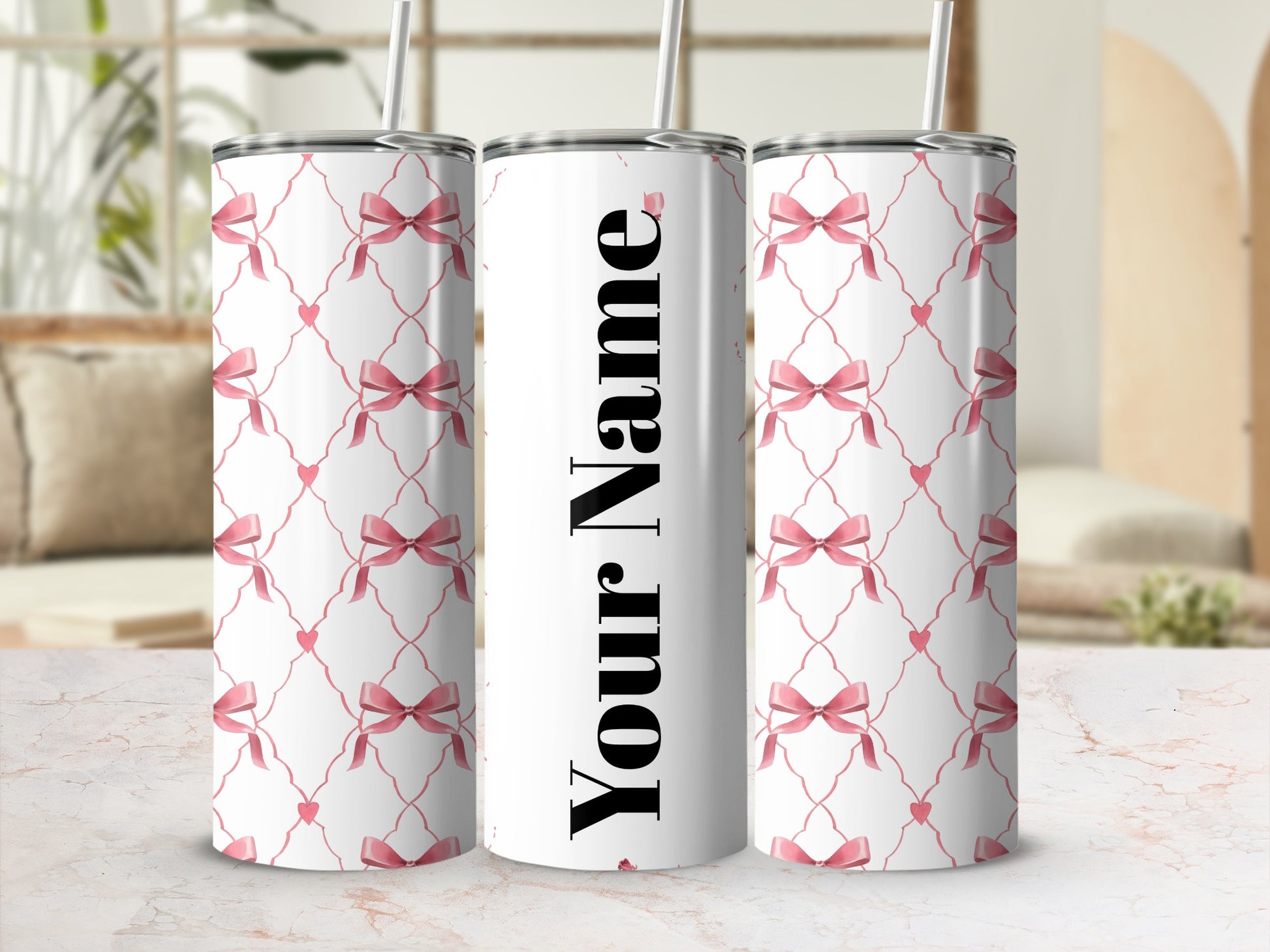 Customizable Pink Bow Pattern Tumbler with Straw