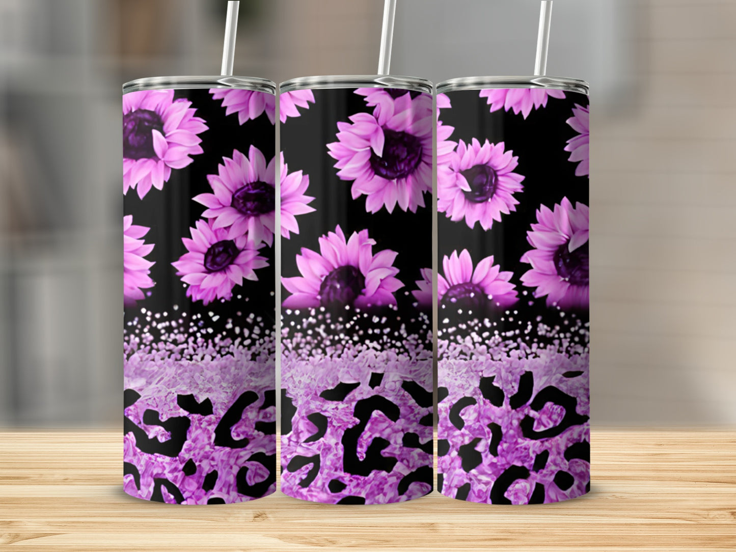 Purple sunflowers and black leopard print on a black tumbler.