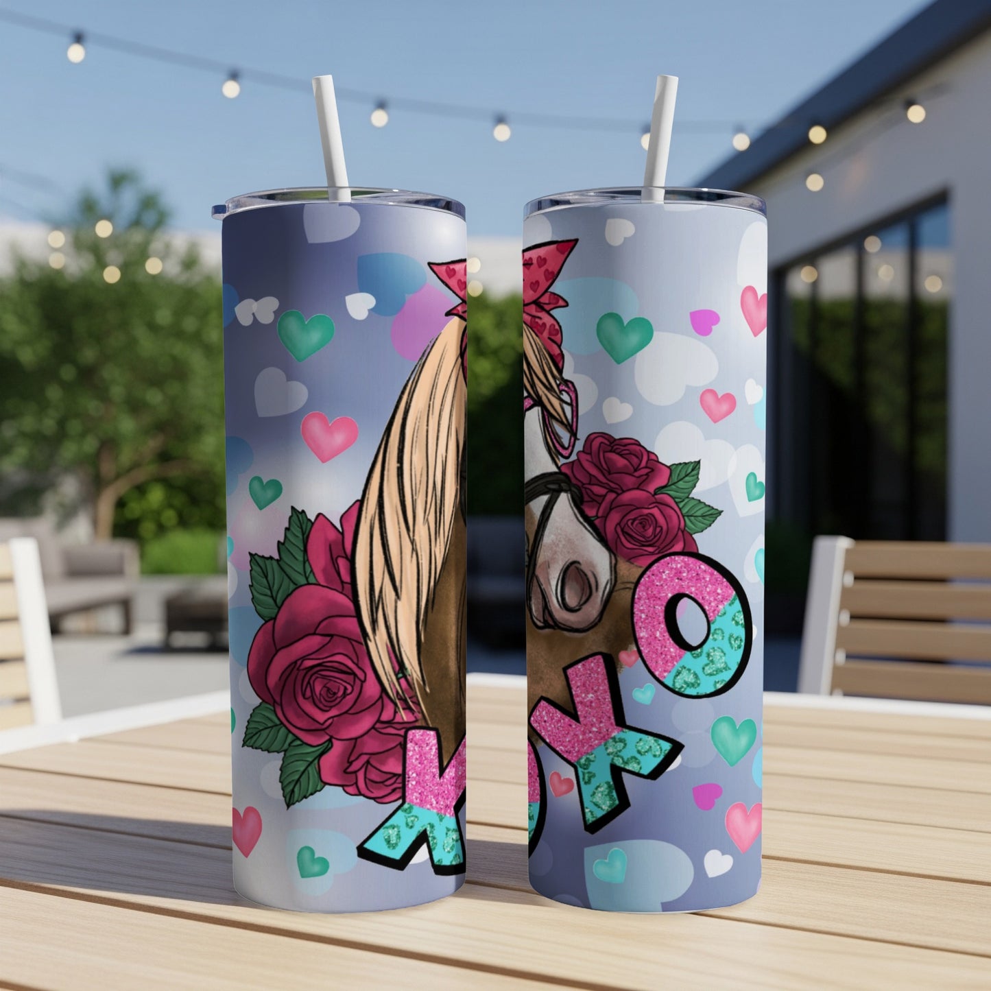 Tumbler with horse and roses design, featuring "XO" lettering and hearts.