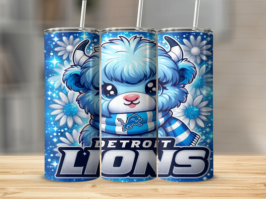 Blue cartoon lion mascot with Detroit Lions scarf and snowflakes on tumbler.