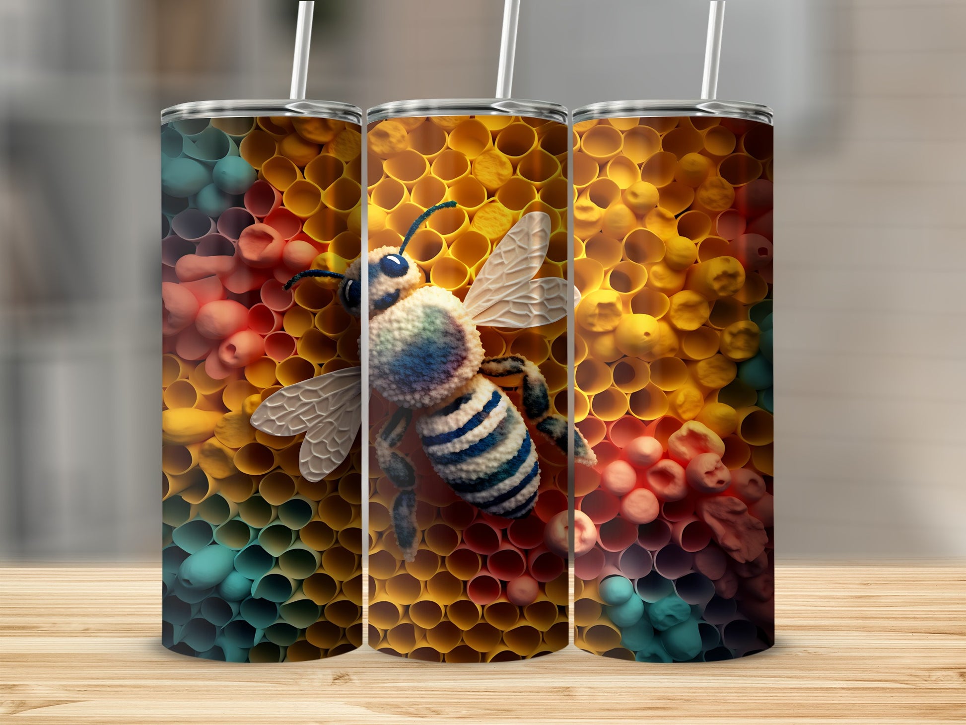 Bee on honeycomb pattern tumbler with straw.