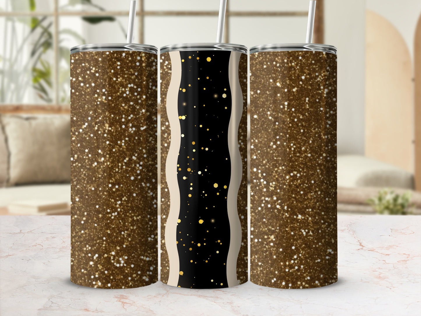 Three tumblers with a gold glitter pattern and black wavy accents.