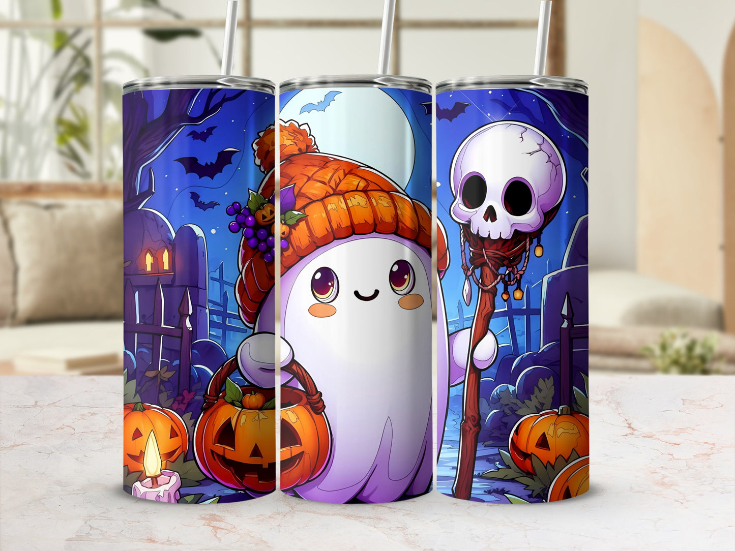 Three tumblers with a cute ghost and skull Halloween design.
