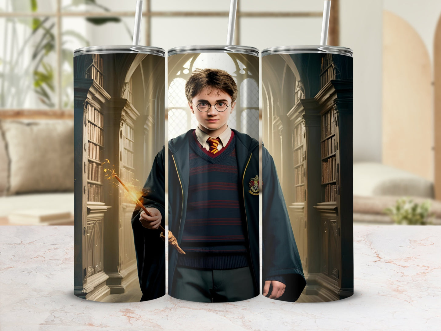Harry Potter holding a wand with a glowing tip in a library.