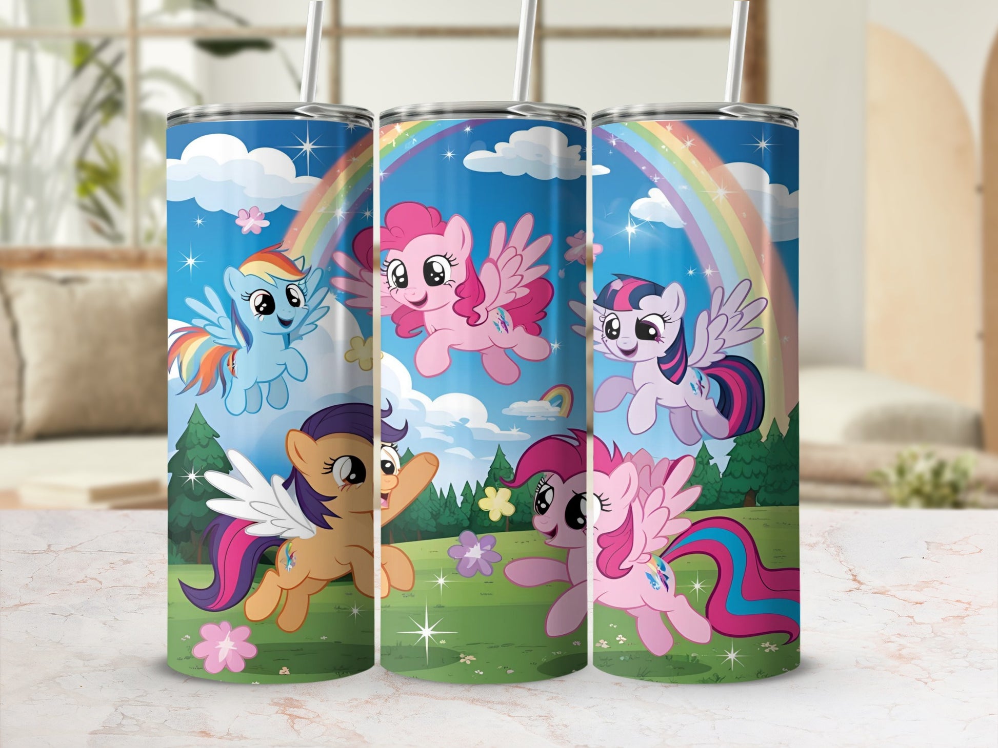 Three cartoon ponies with rainbows and clouds.