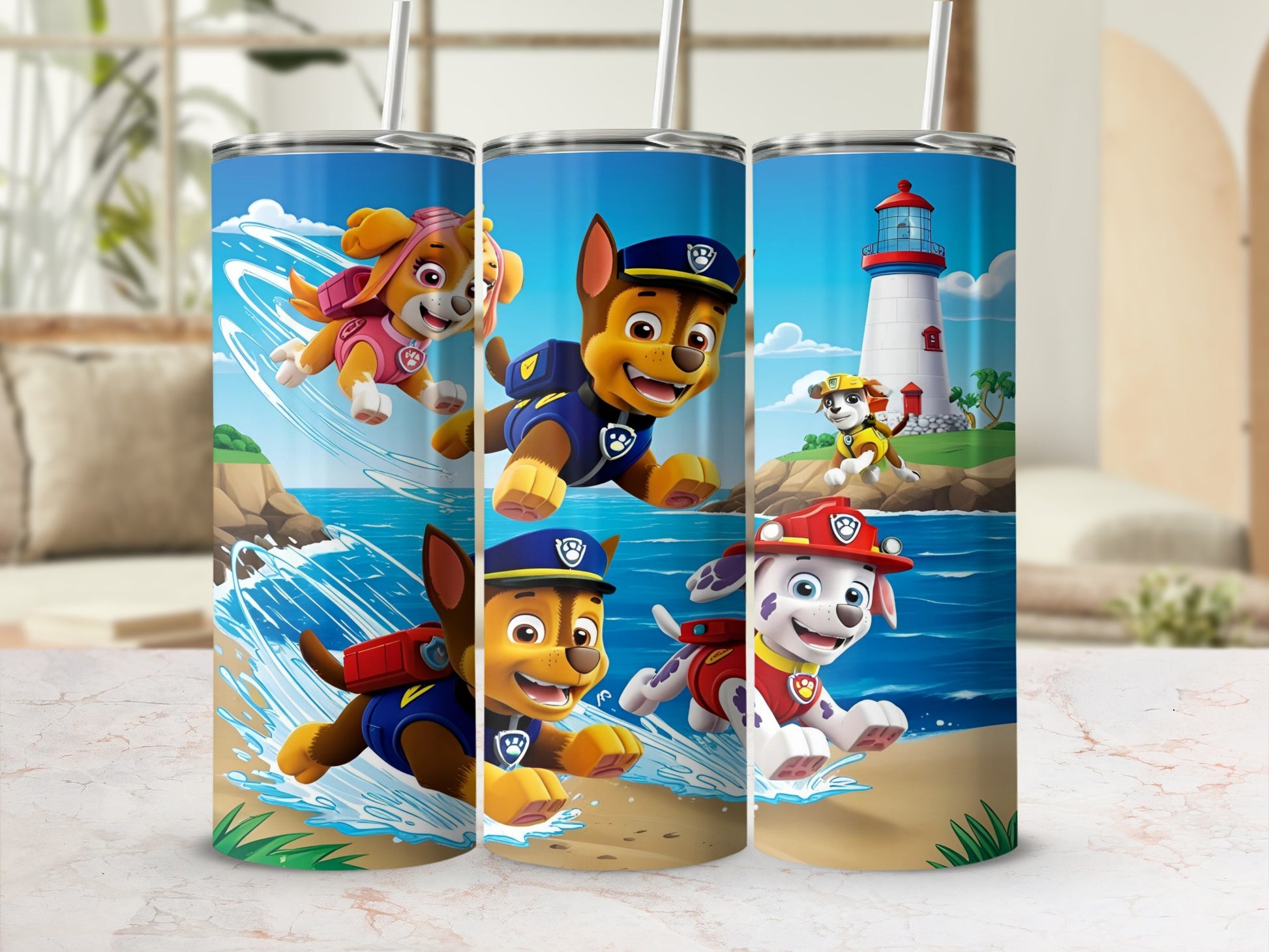 Paw Patrol dogs Skye, Chase, and Marshall running on a beach near a lighthouse.
