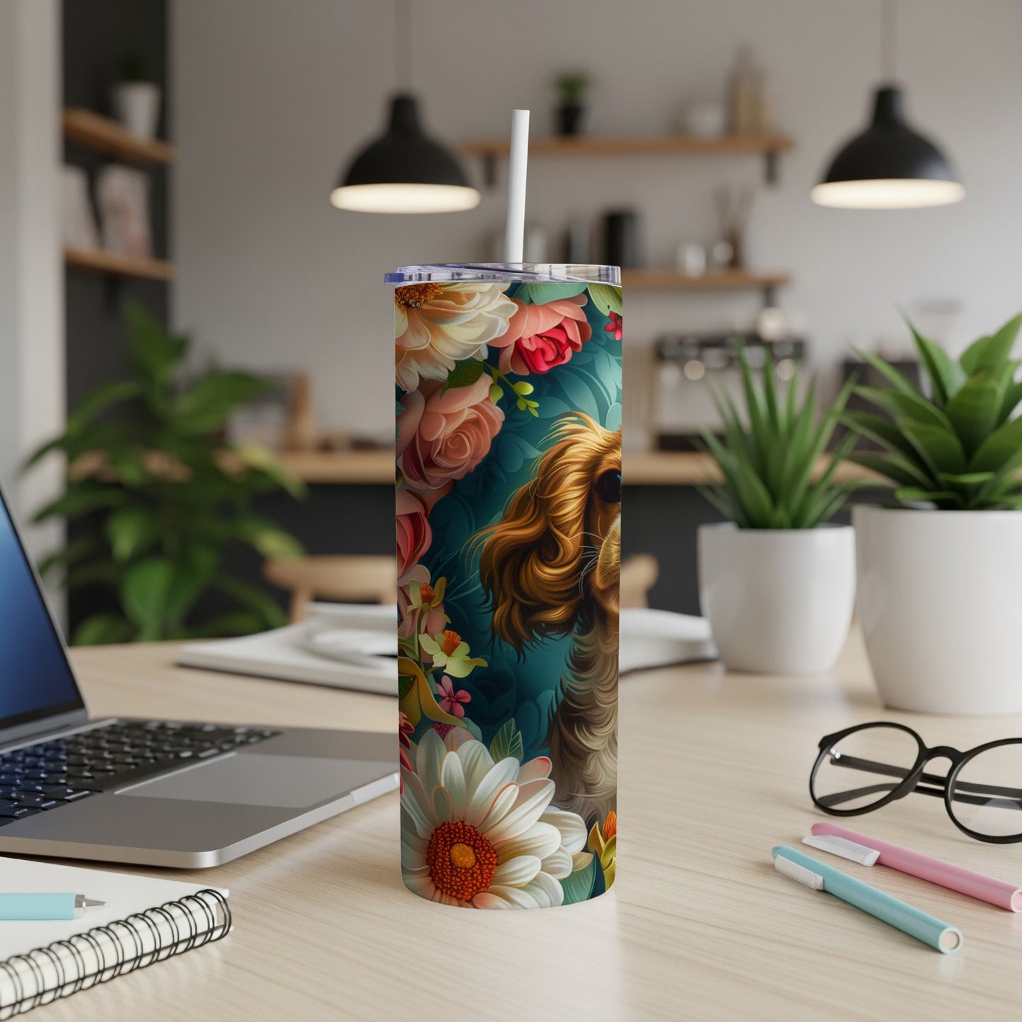 Dog with flowers design on a tumbler.