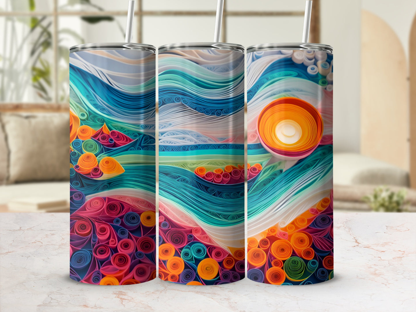 Three tumblers with a colorful, abstract quilled paper ocean sunset design.
