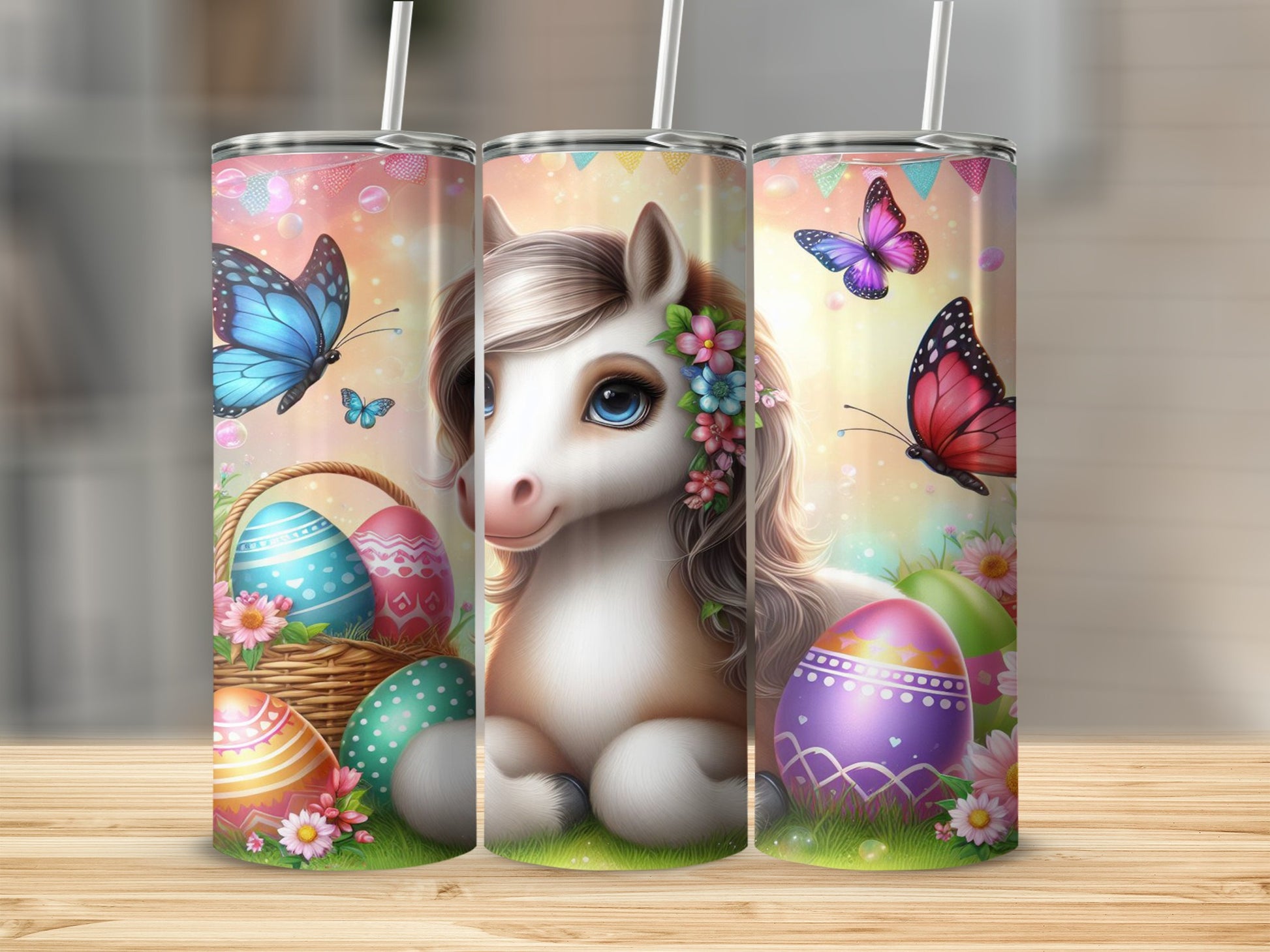 White unicorn with colorful Easter eggs and butterflies on a floral background.