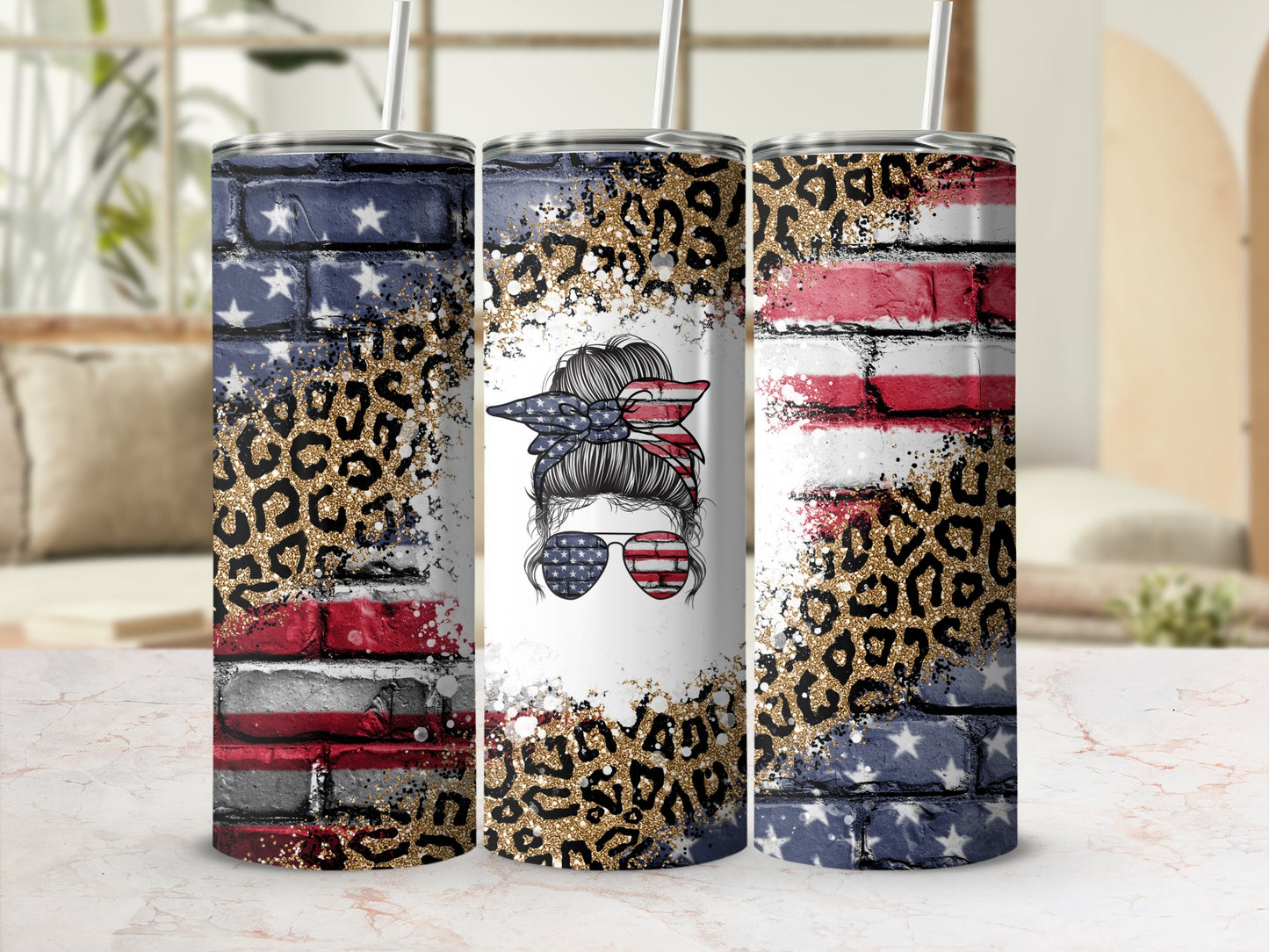 USA flag brick pattern tumbler with leopard print and messy bun sunglasses.