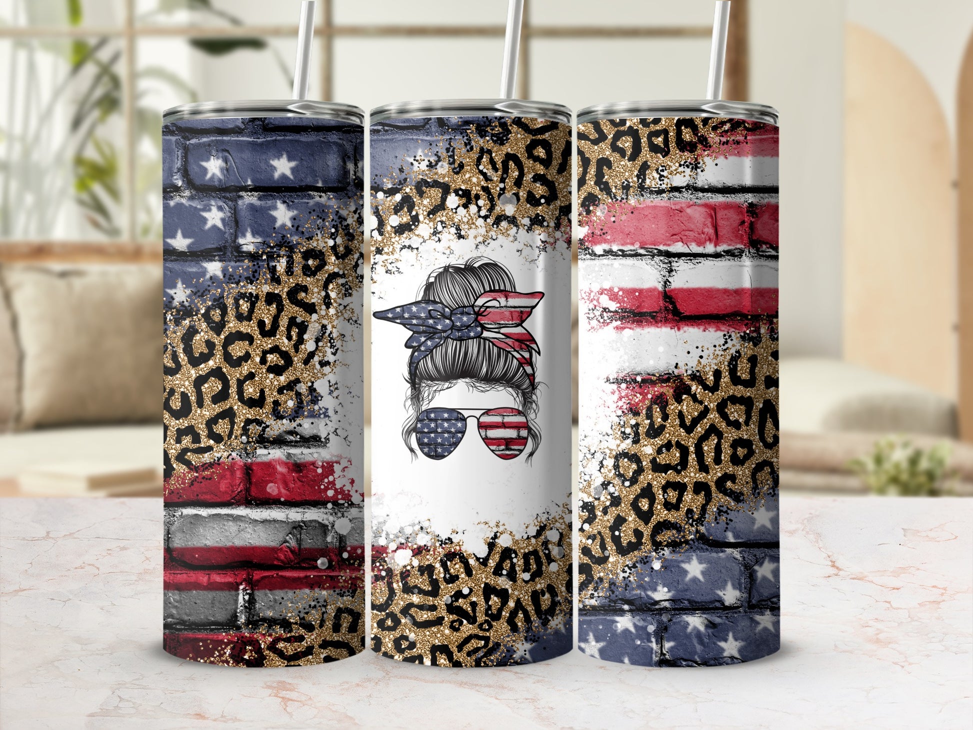 USA flag brick pattern tumbler with leopard print and messy bun sunglasses.