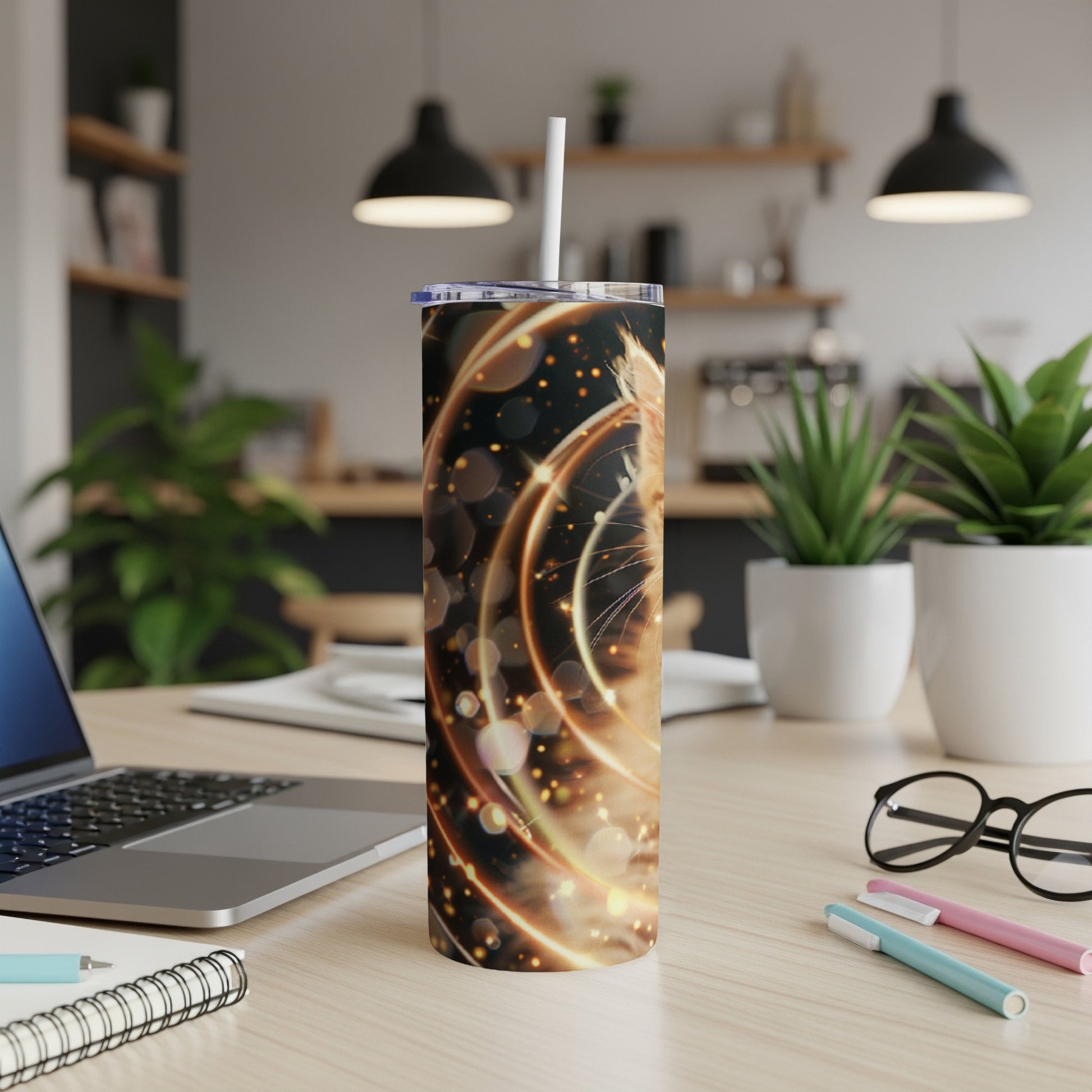 Tumbler with a swirling, sparkling lion design on a desk.
