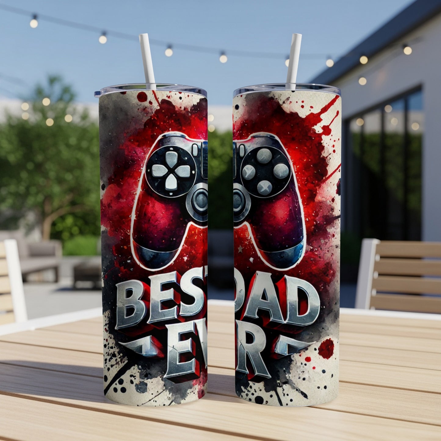 Two tumblers with "BEST DAD EVER" and a red video game controller graphic.