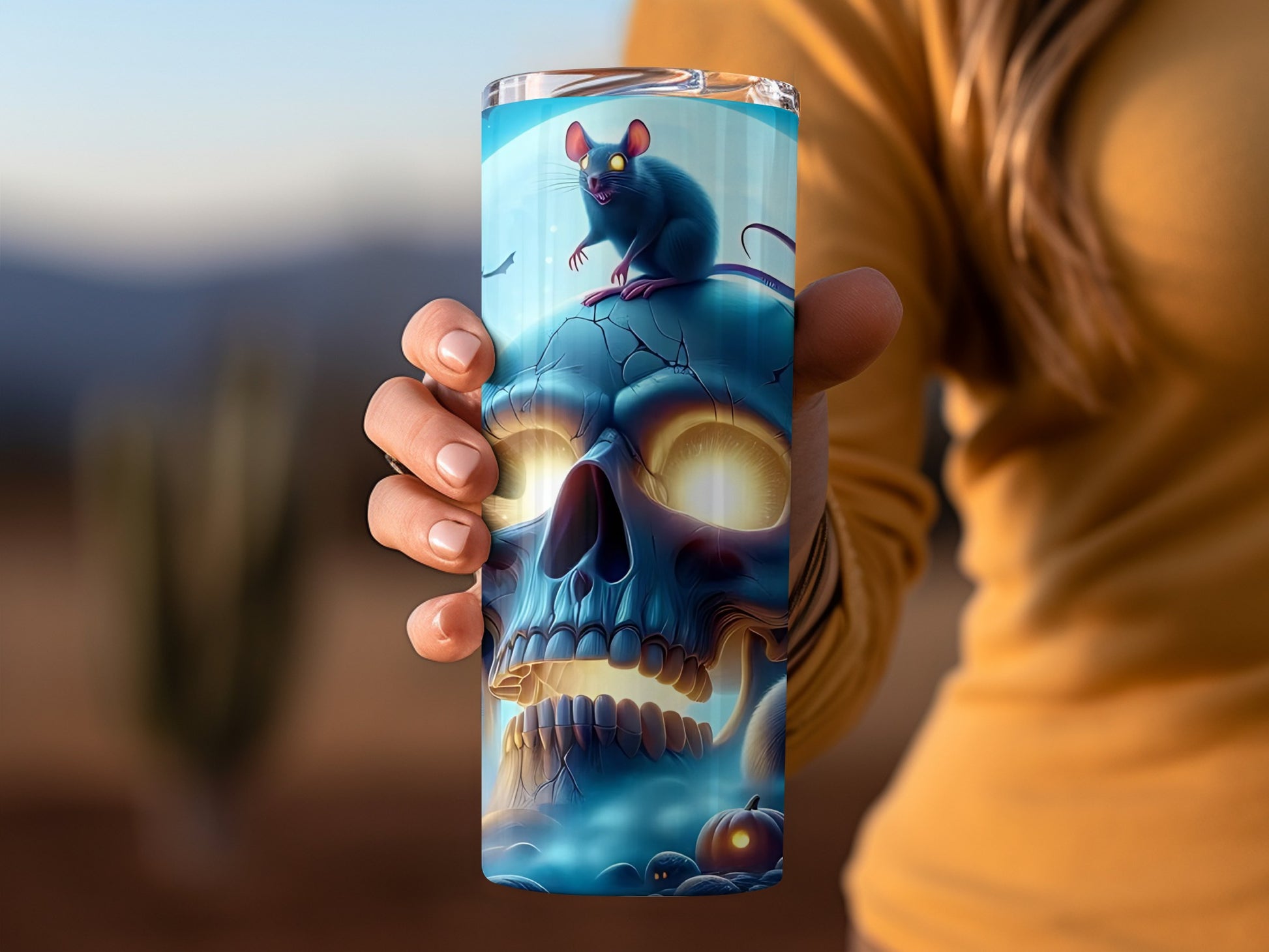 Skull with Mouse and Pumpkin Illustration Tumbler
