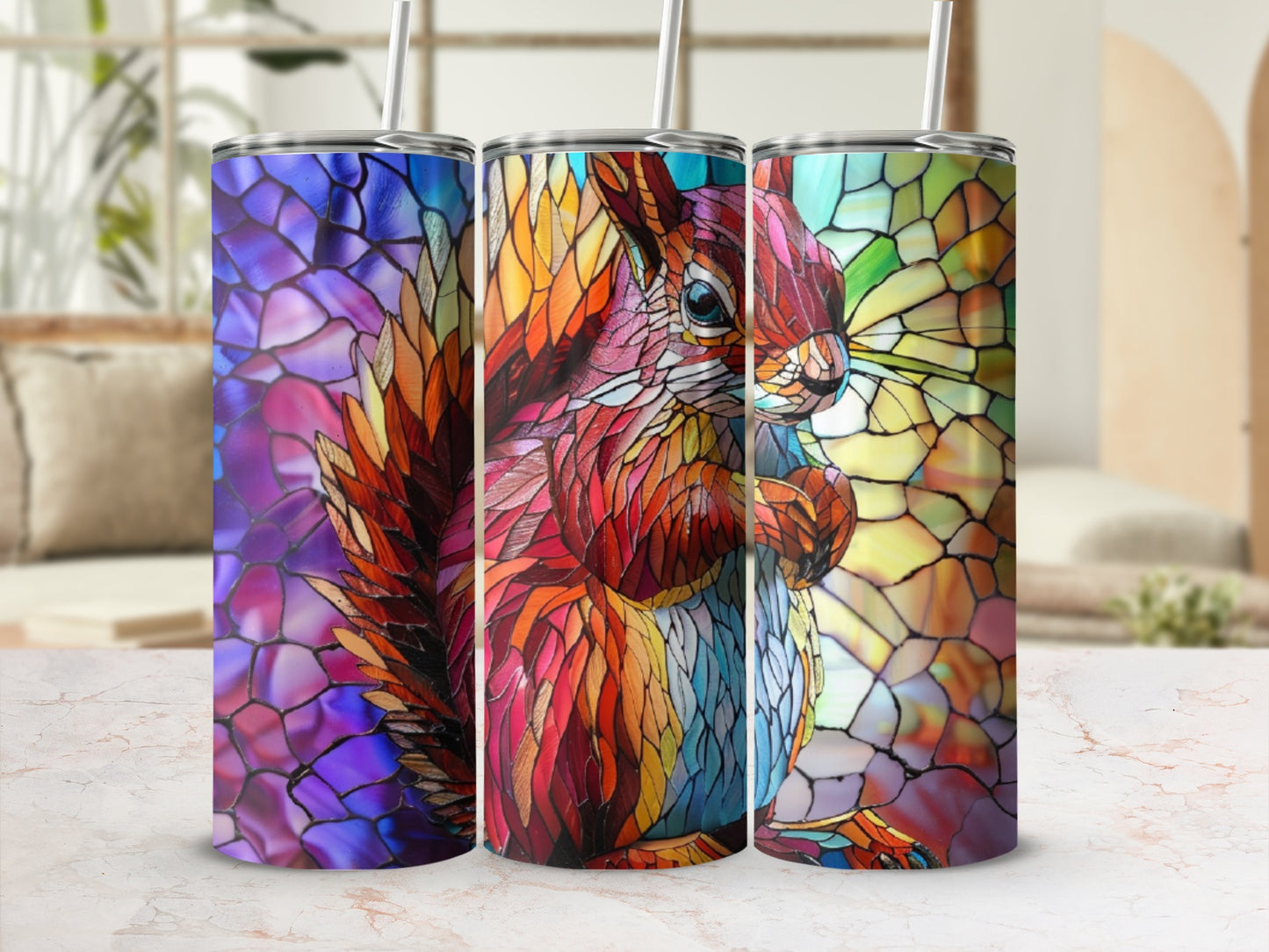 Squirrel in stained glass design on a tall, cylindrical tumbler with a straw.