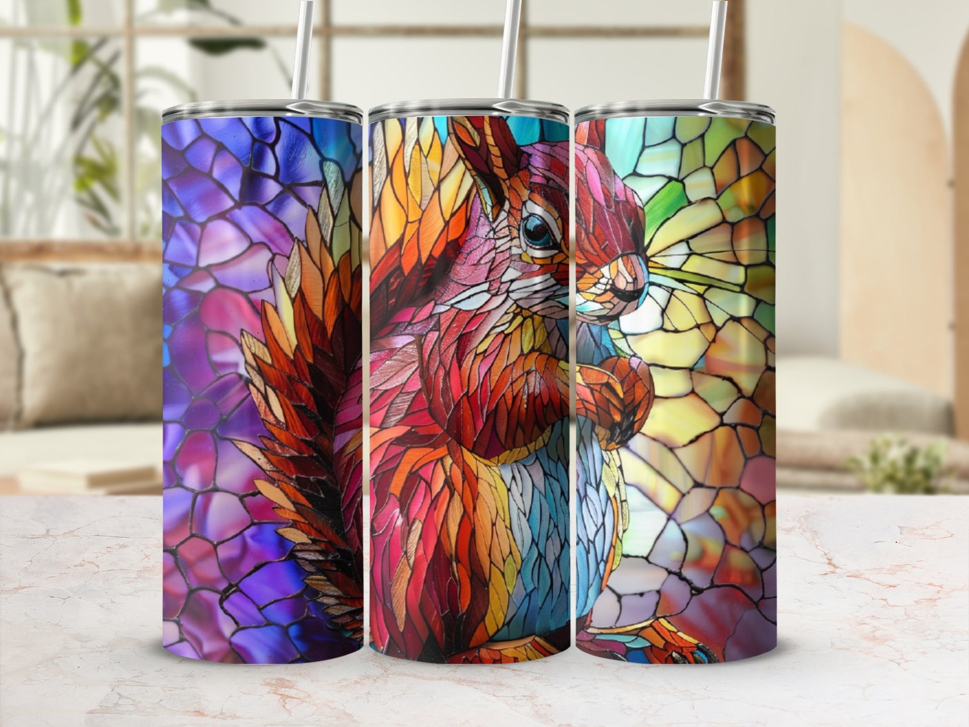 Squirrel in stained glass design on a tall, cylindrical tumbler with a straw.